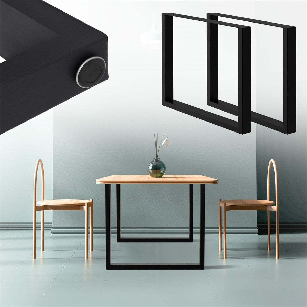 Modern furniture arrangement with a table and two chairs in a room.