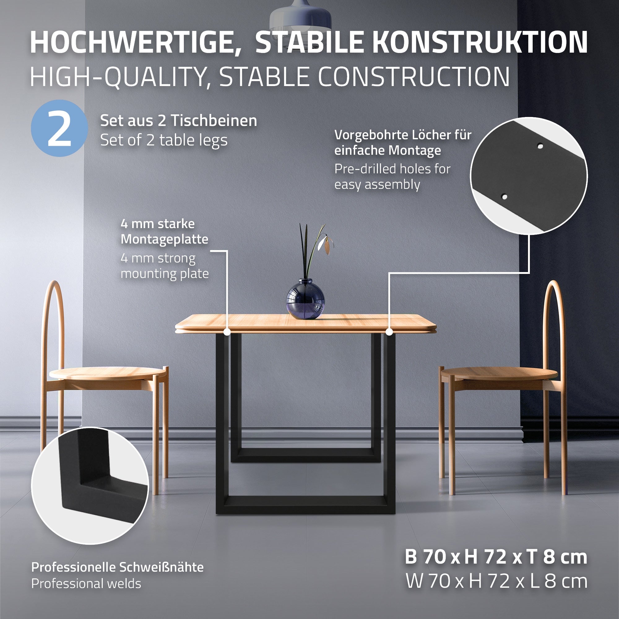 Tisch mit zwei Stühlen, stabiler Konstruktion und Montageanleitung.