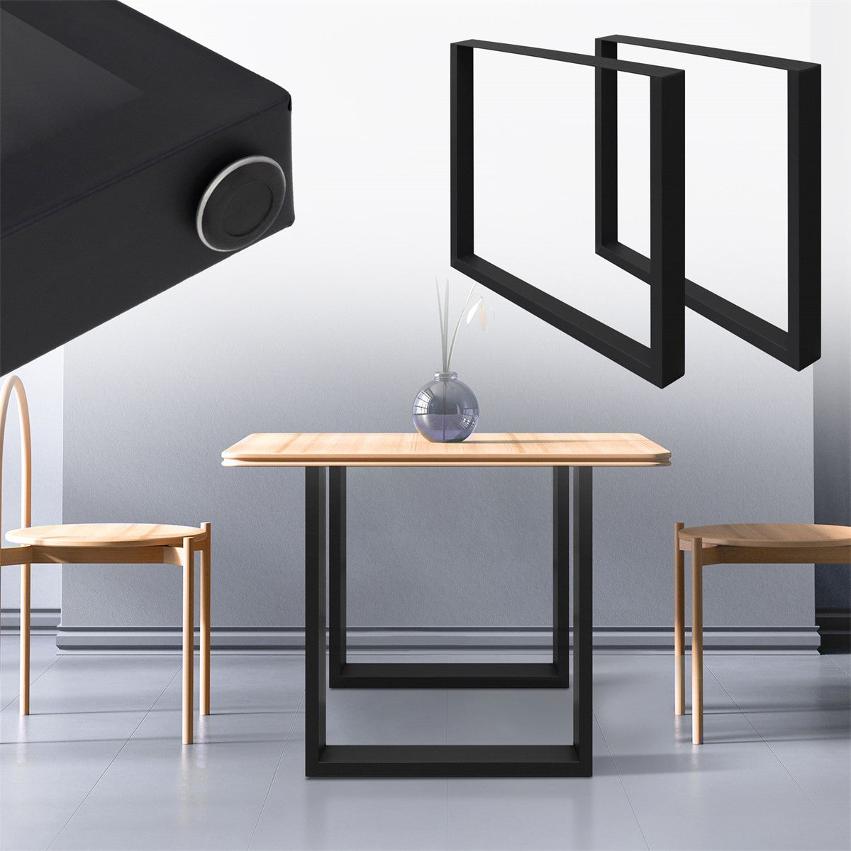 Modern table design with a wooden tabletop and a black frame.