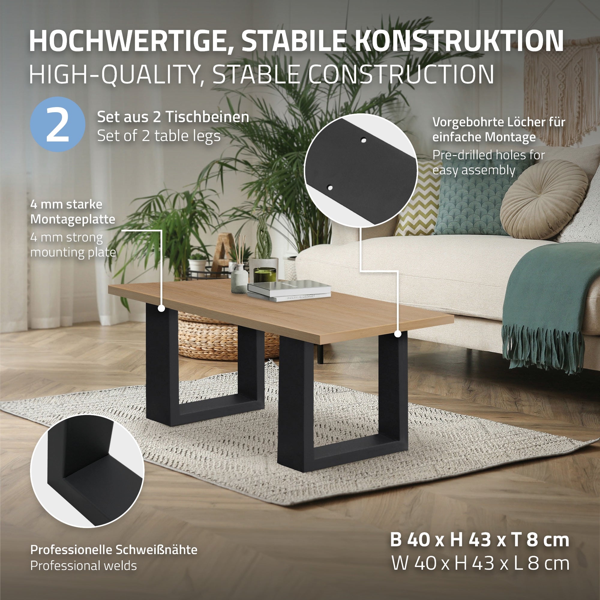 Table with two black legs and wooden top on a carpet.