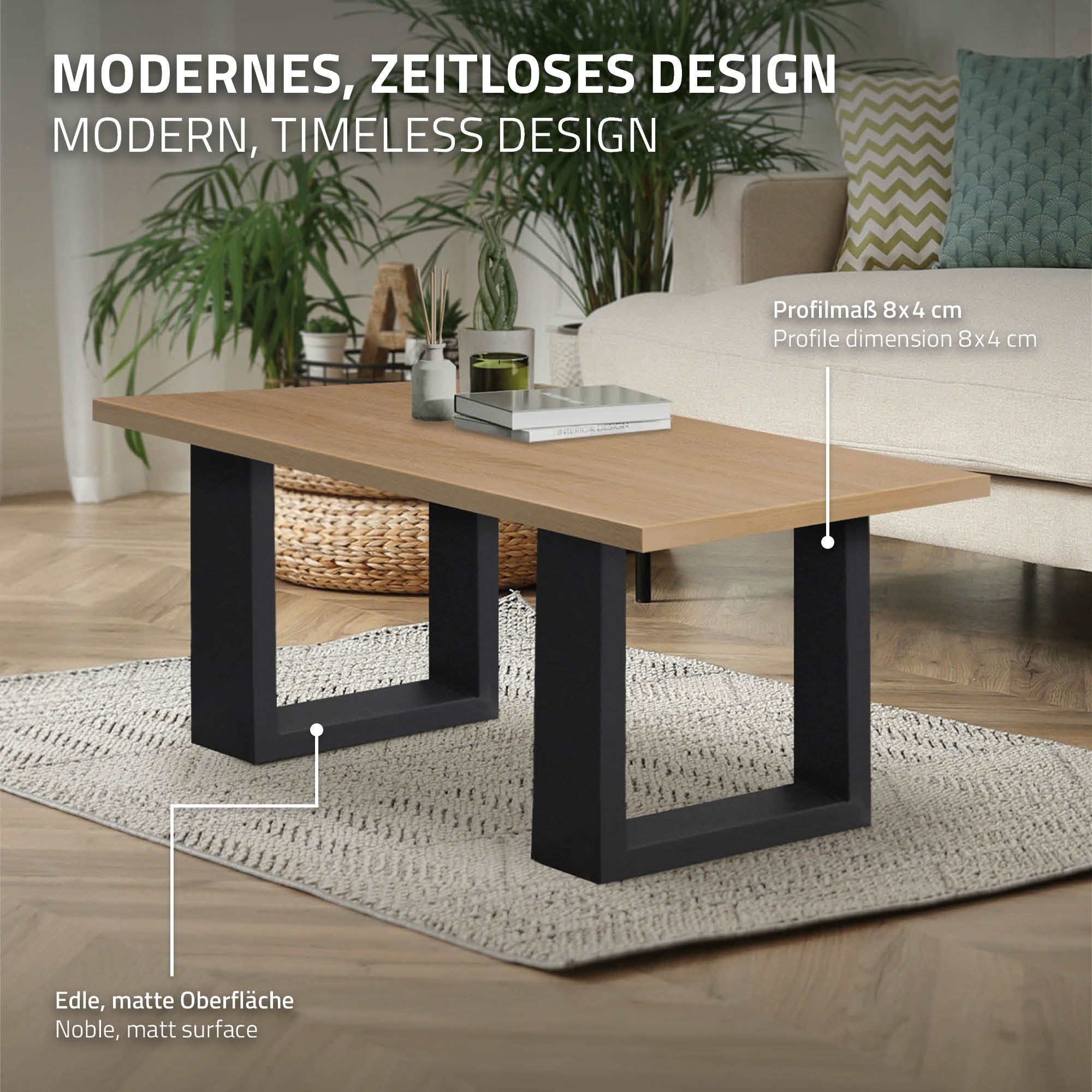 Table with a wooden top and black legs in a modern room.