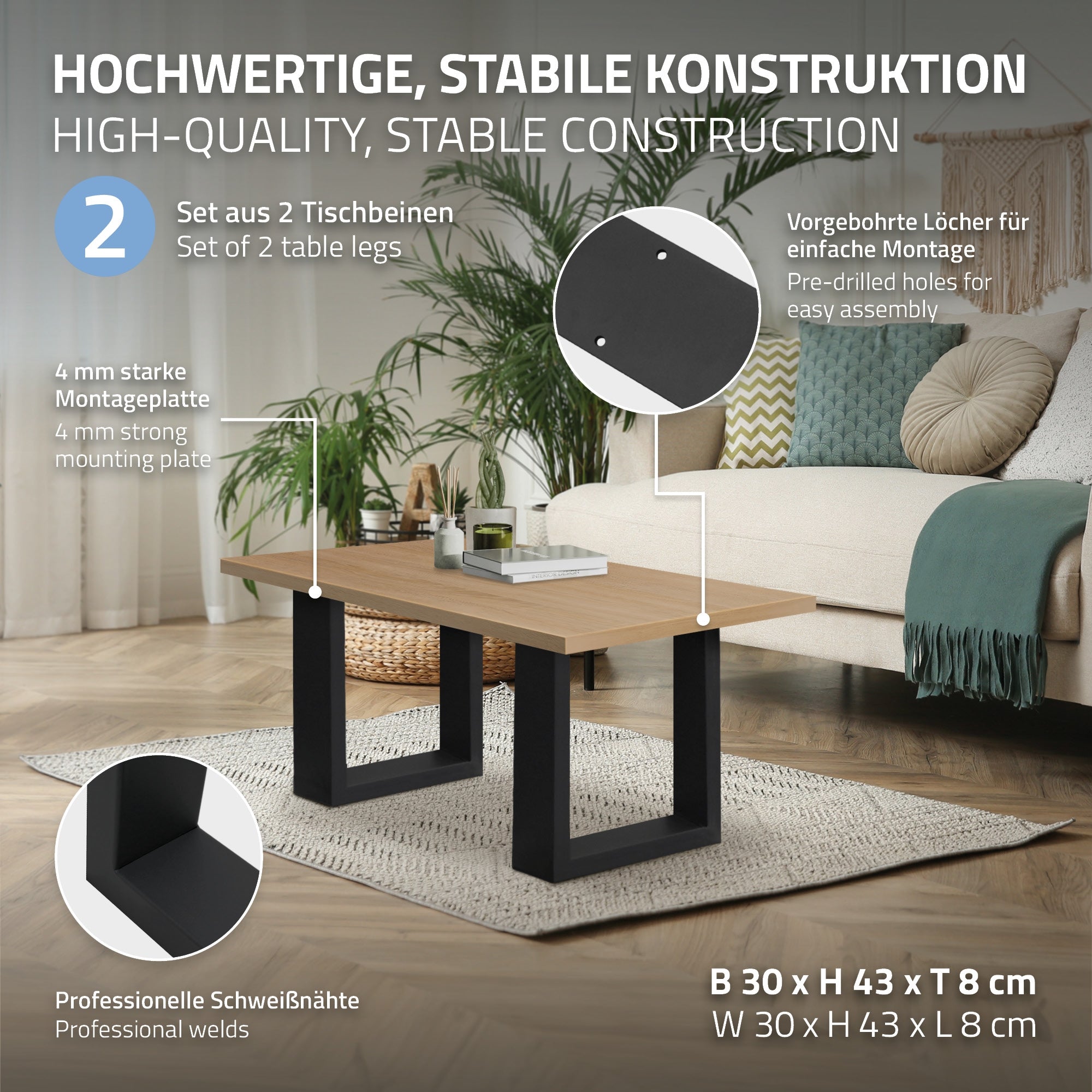 Tisch mit zwei schwarzen Beinen und Holzplatte, Montagehinweise.