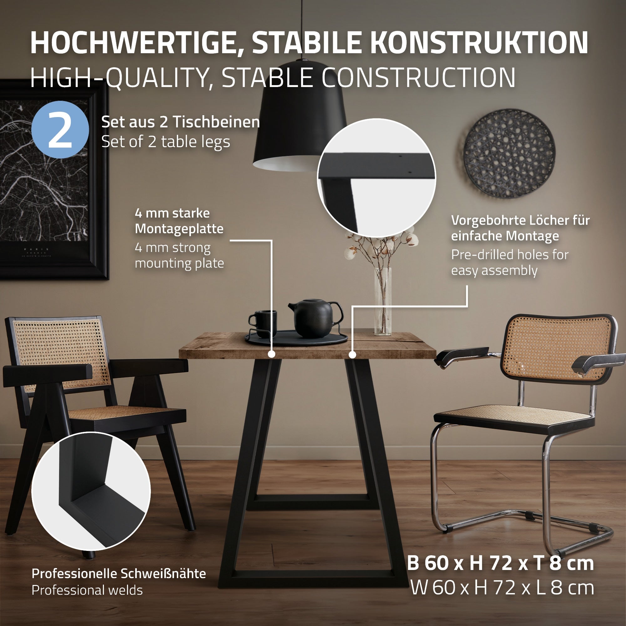 Tisch mit stabiler Konstruktion, zwei Stühlen und Kaffeetasse auf dem Tisch.