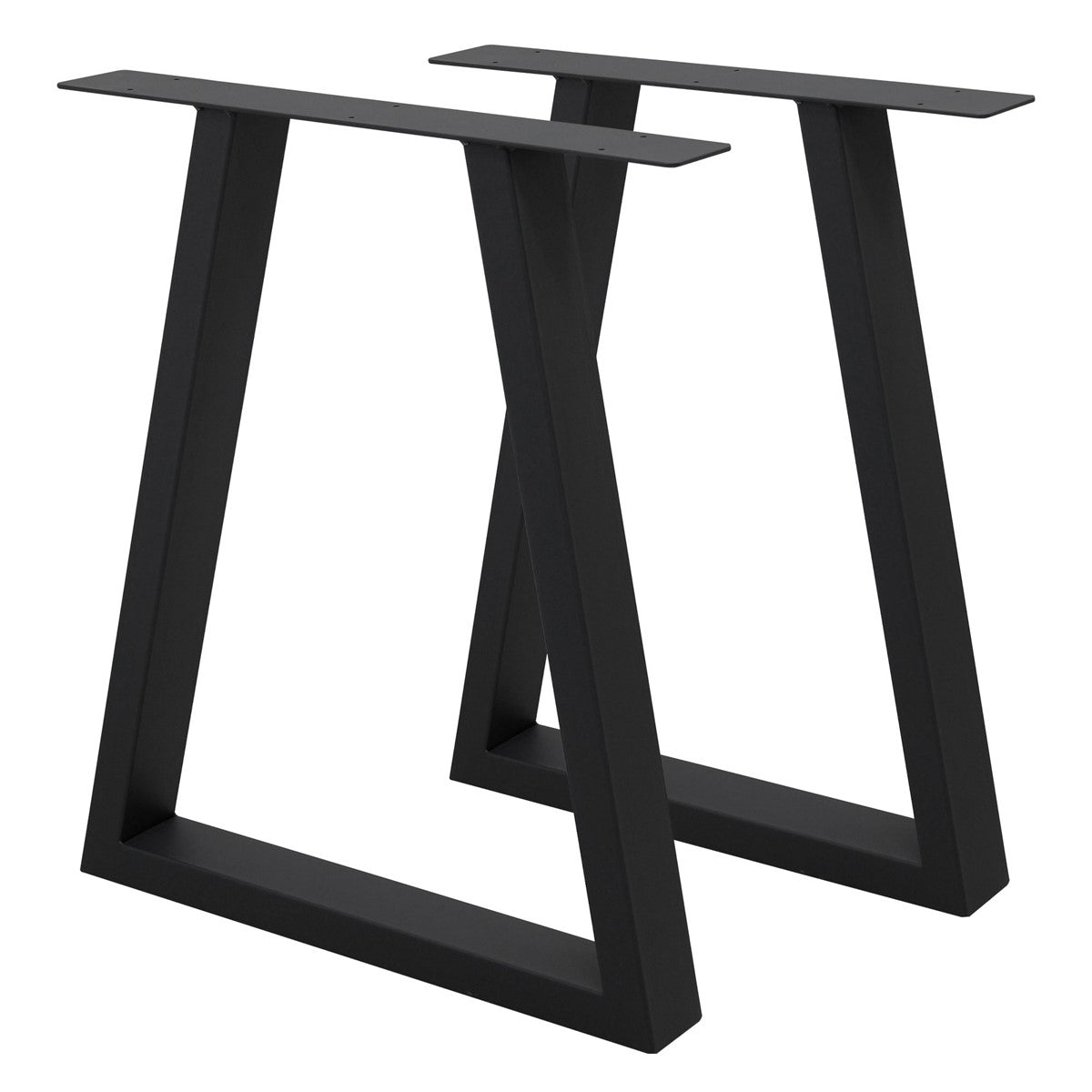 Two black table legs in a geometric shape.