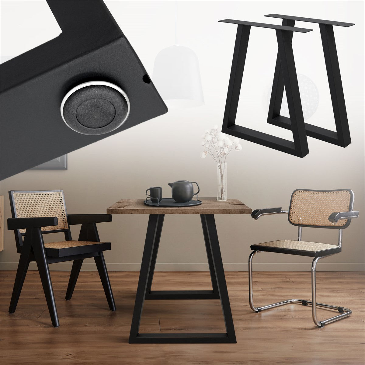 A table with two chairs, a lamp, and a black table frame in the background.