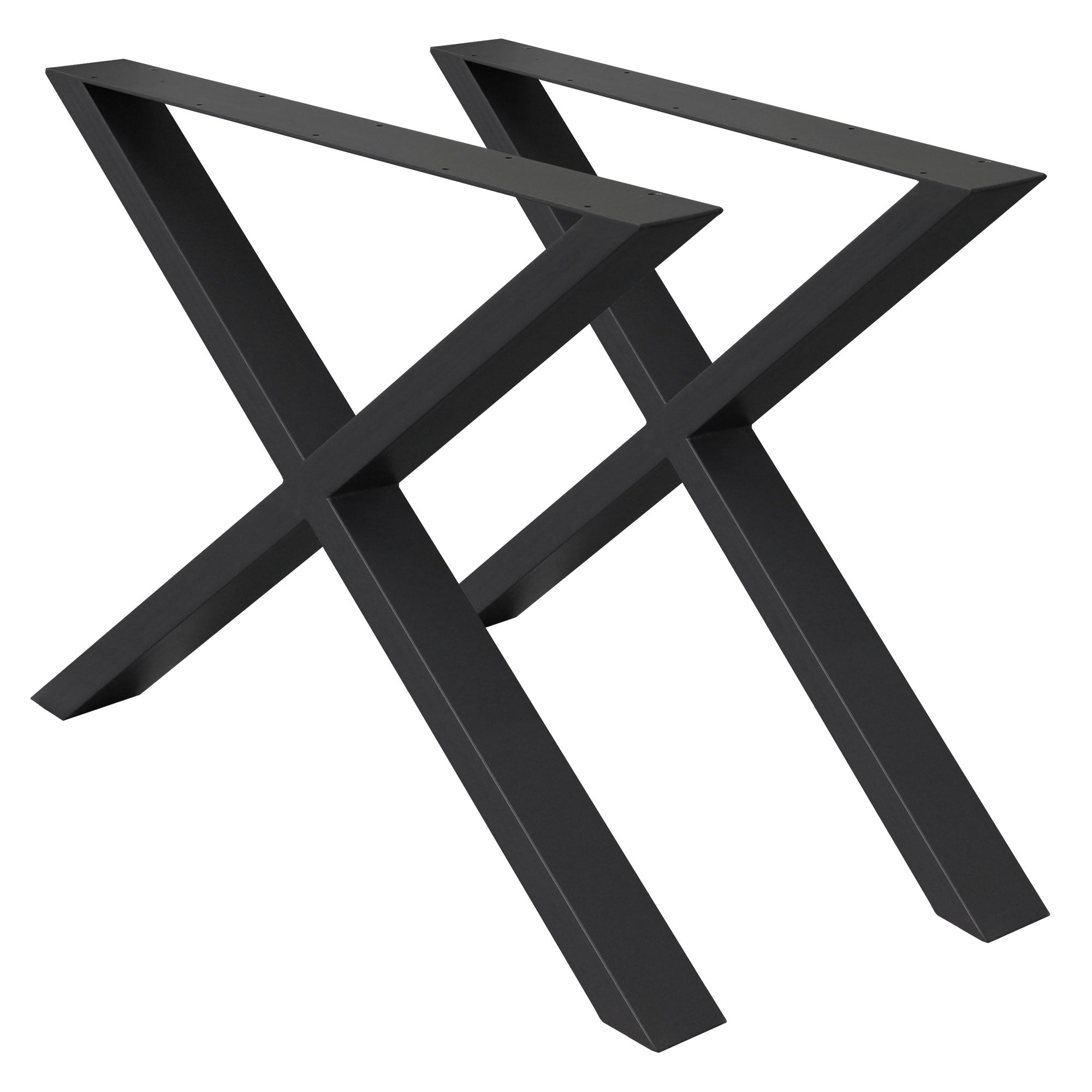 Zwei schwarze Tischbeine in X-Form auf hellem Hintergrund.
