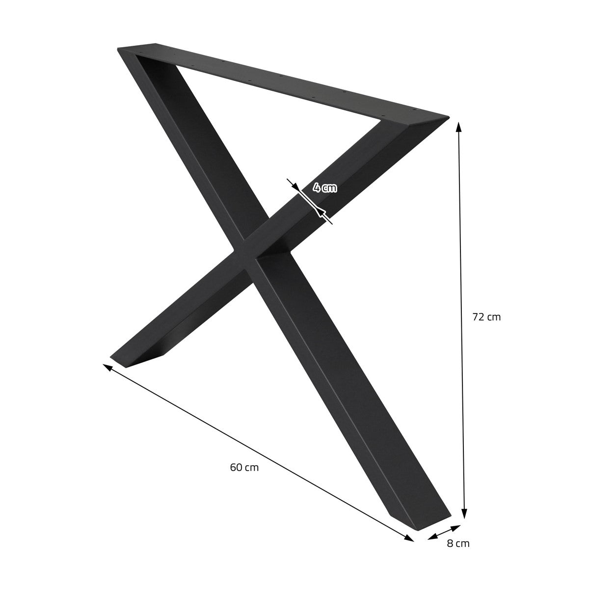 Un piètement noir en forme de X avec ses dimensions, vu de face.