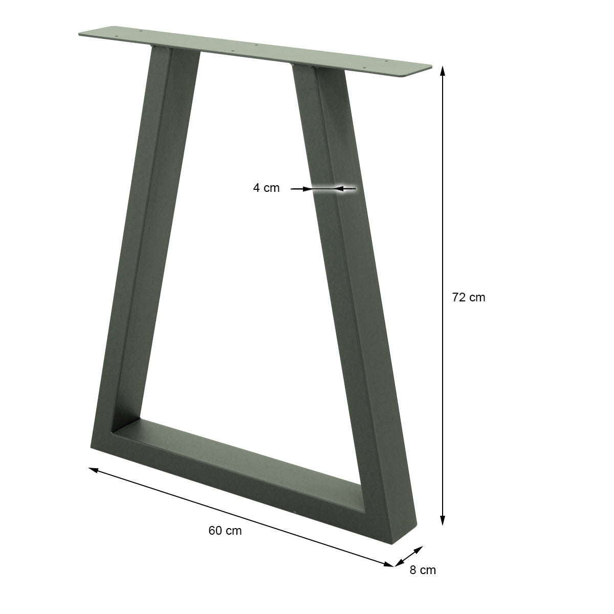 Graues Tischgestell mit Maßen: 60 cm Breite, 72 cm Höhe, 8 cm Tiefe.