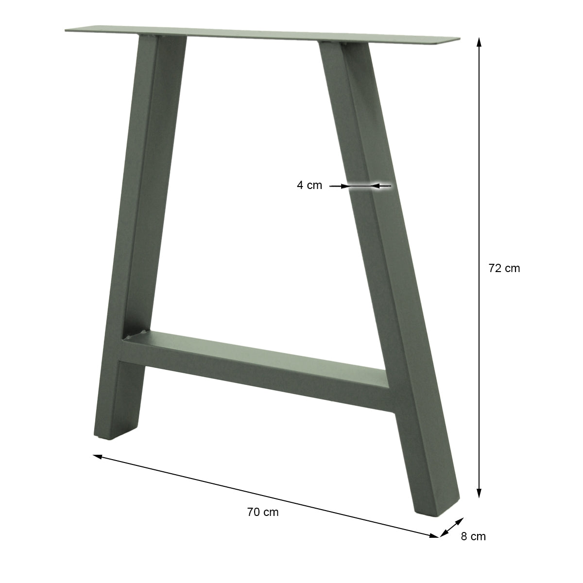 Grauer Tischgestell mit Maßen: 70 cm Breite, 72 cm Höhe, 8 cm Tiefe.