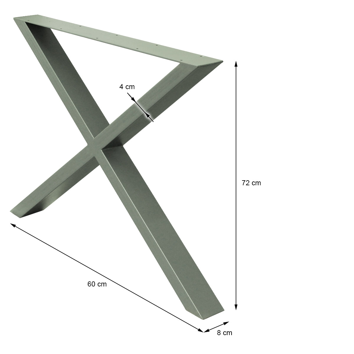 Grauer Tischfuß mit X-förmigem Design und Maßen.