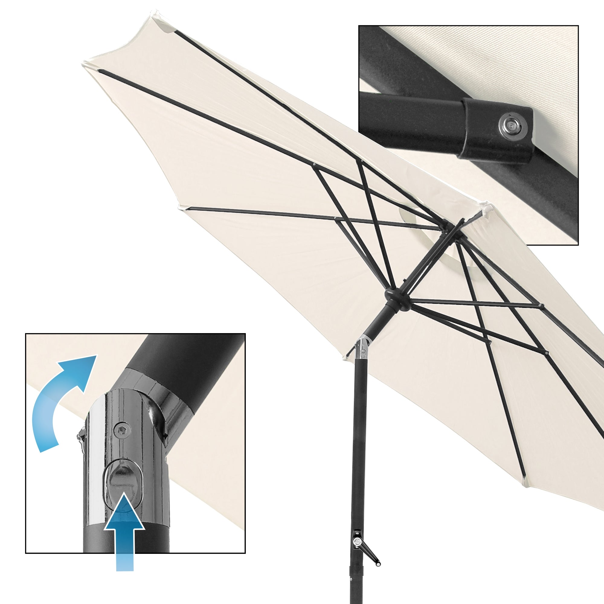 Detailaufnahme eines beigen Sonnenschirms mit einem Mechanismus zur Neigungsverstellung.