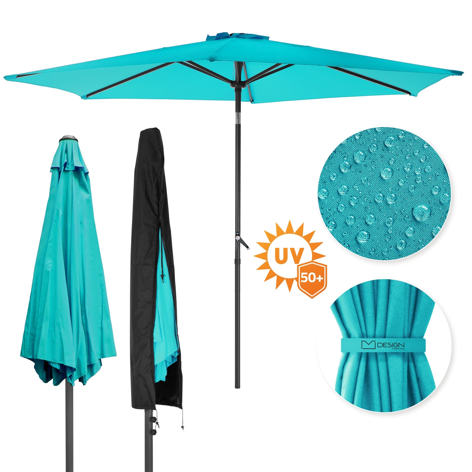 Türkisfarbener Sonnenschirm mit Schutzhülle und Wasserabweisend-Symbol.