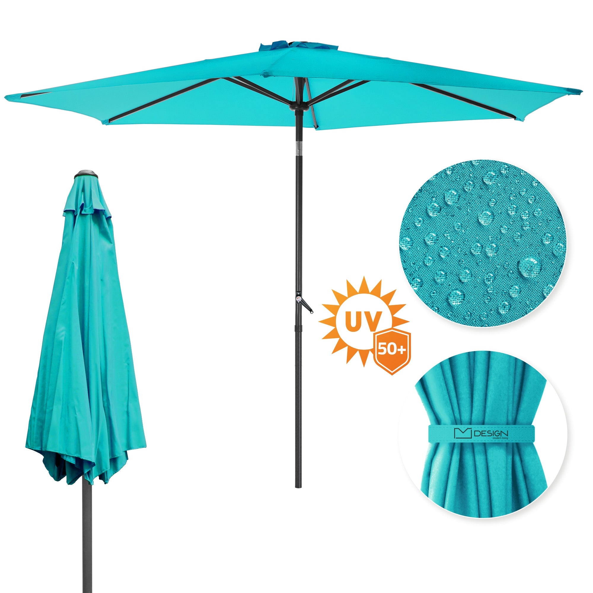 Marktschirm in türkis, mit Wassertropfen und UV-Schutz, im Sonnenschein.