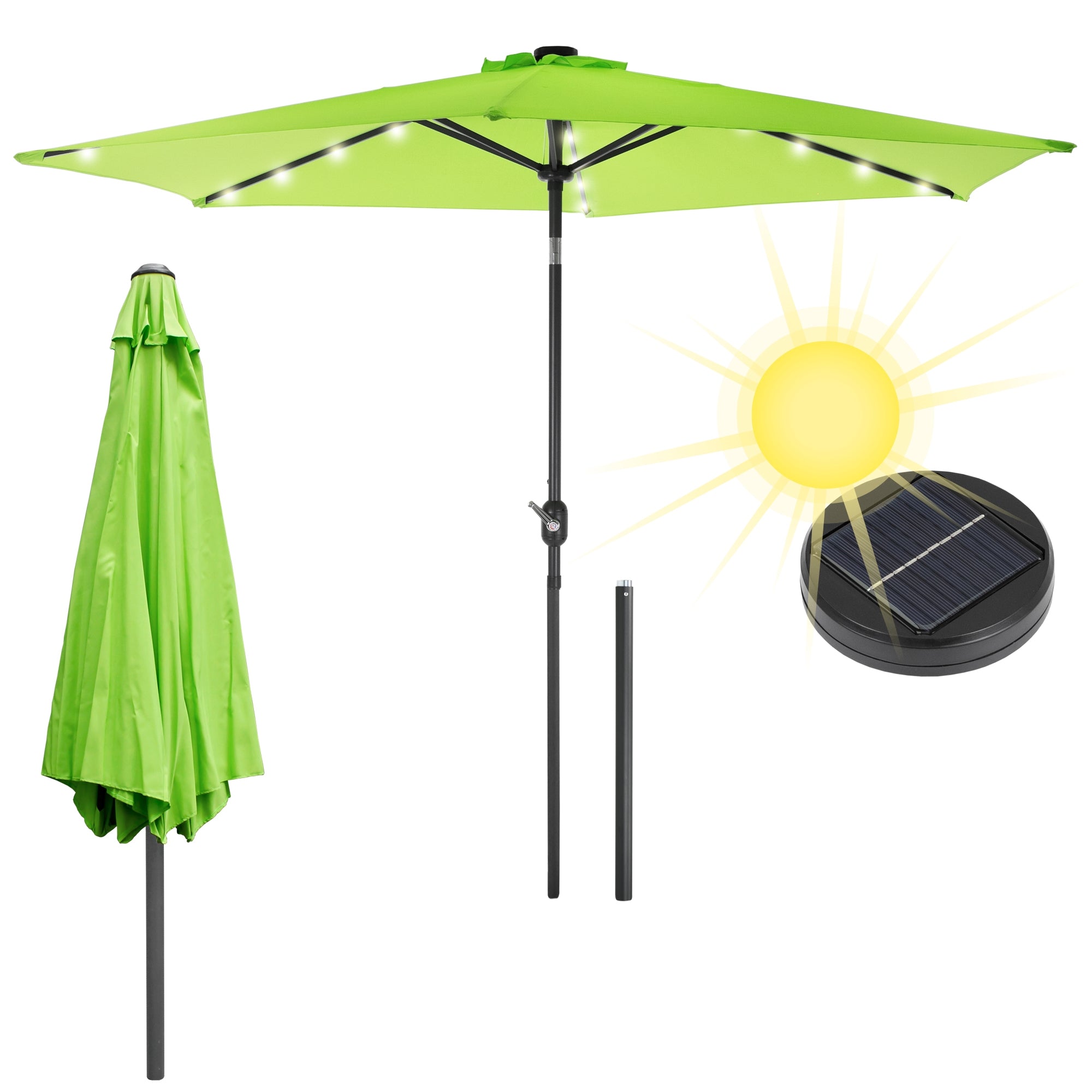 Marktschirm in grün, mit LED-Beleuchtung und Solarpanel, im Sonnenschein.