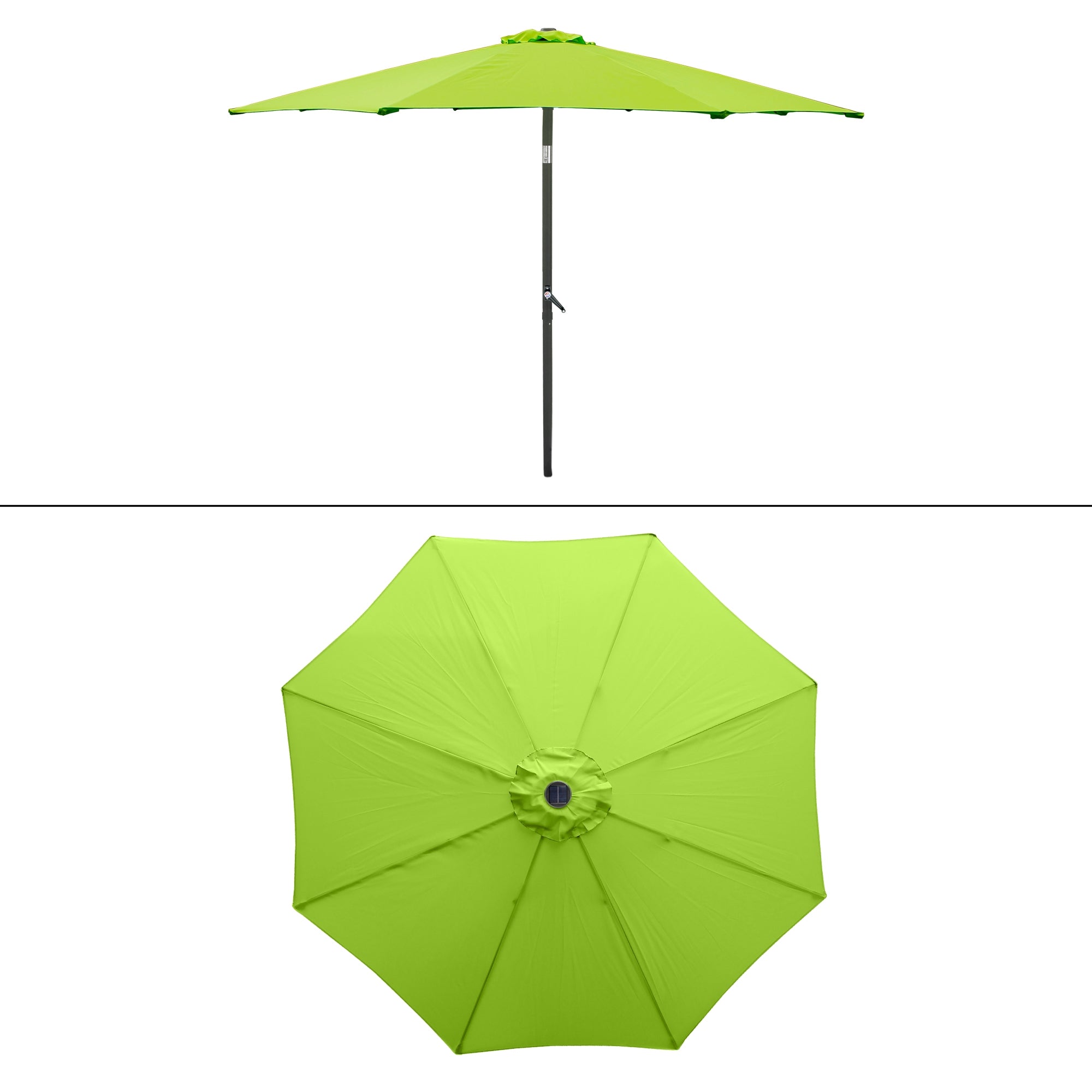 Grüner Sonnenschirm mit einem zentralen Ständer und einer runden Form.
