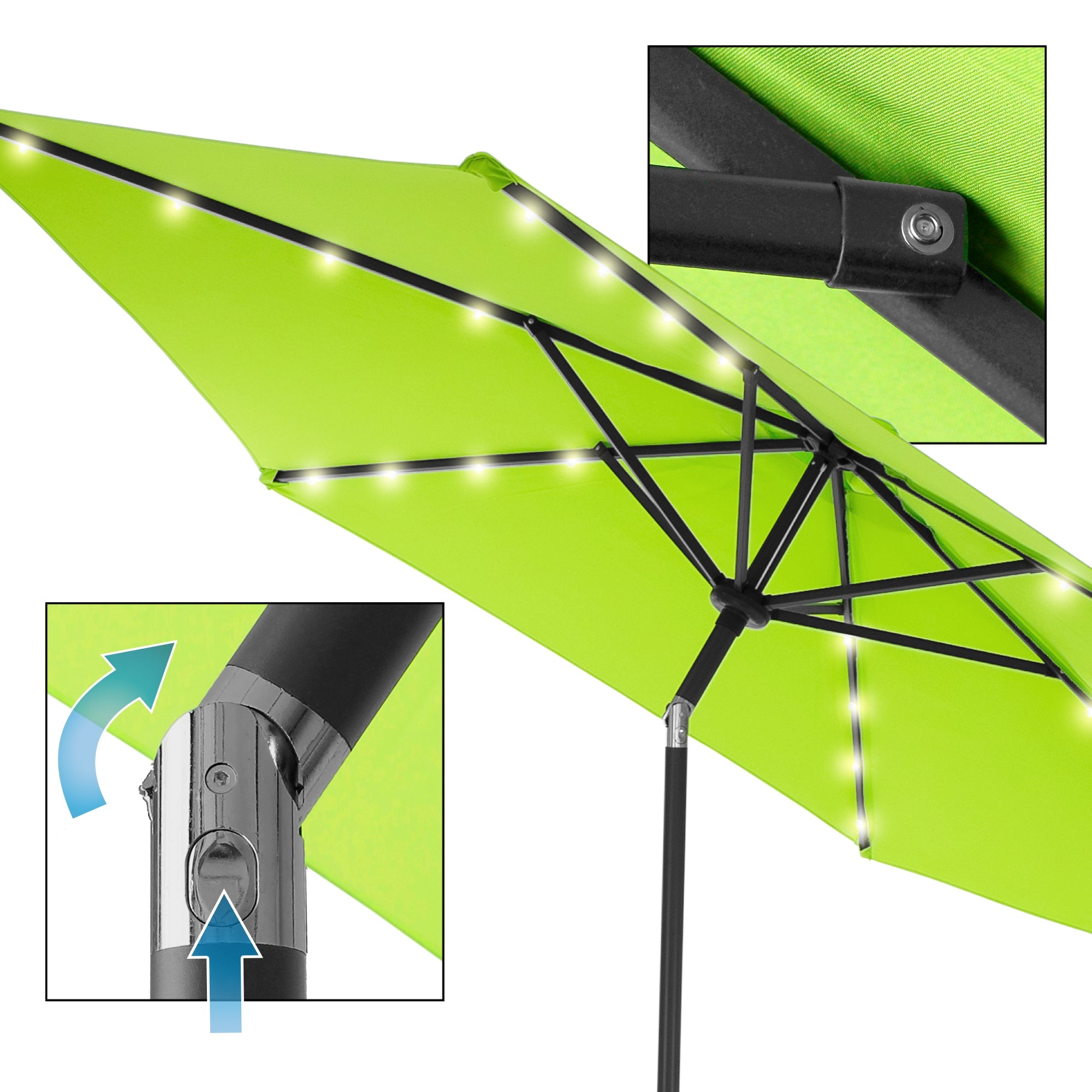 Grüner Sonnenschirm mit LED-Beleuchtung und verstellbarem Gestell.