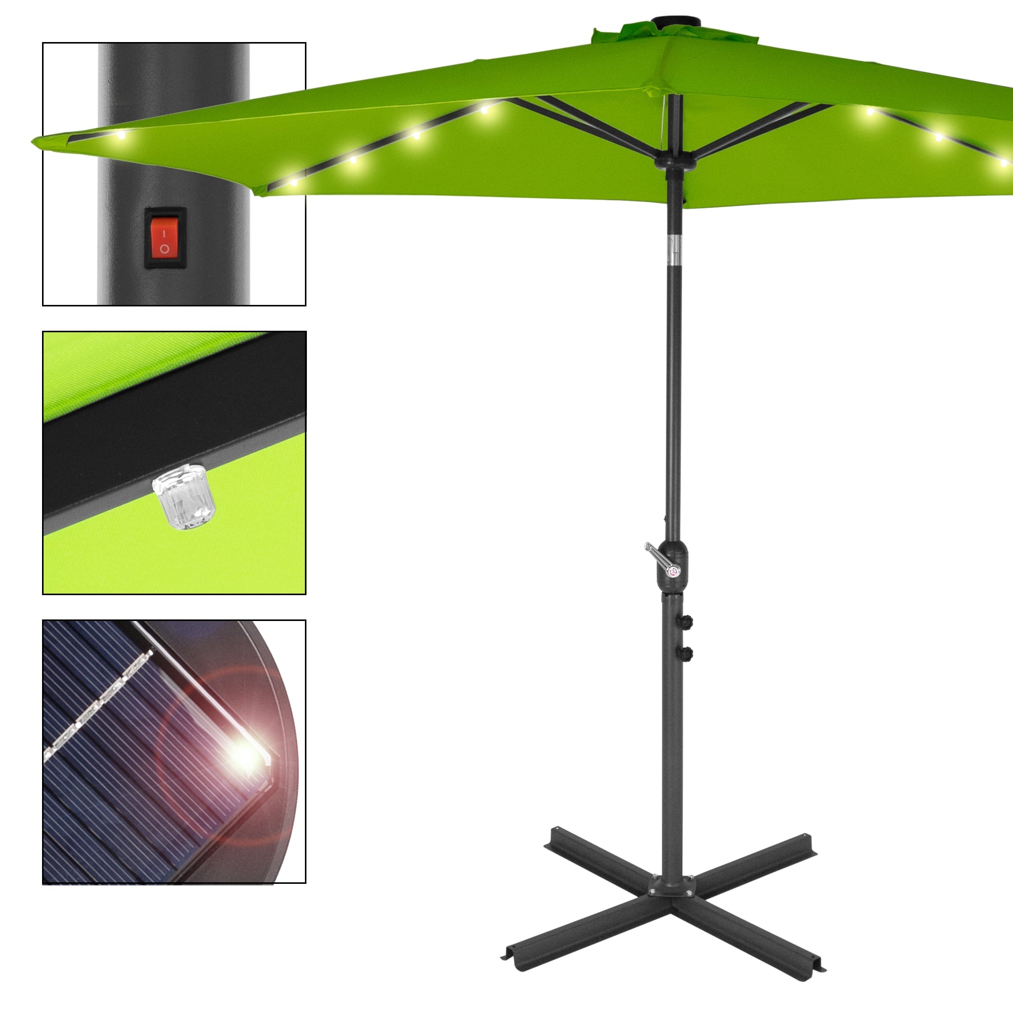 Grüner Sonnenschirm mit LED-Beleuchtung, Schalter und Solarpanel, auf einem weißen Hintergrun
