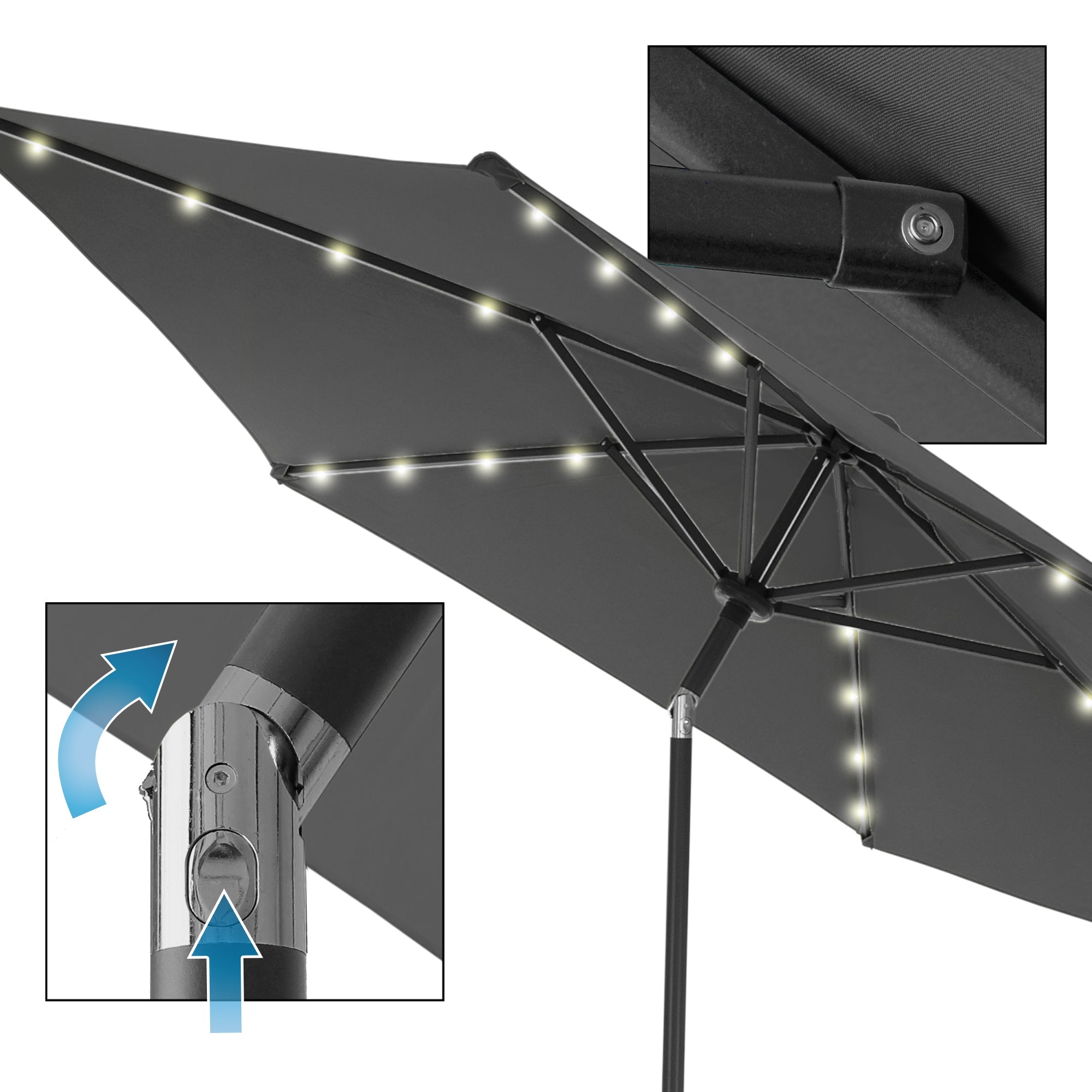 Detailed view of a gray parasol with LED lighting and joint mechanism.