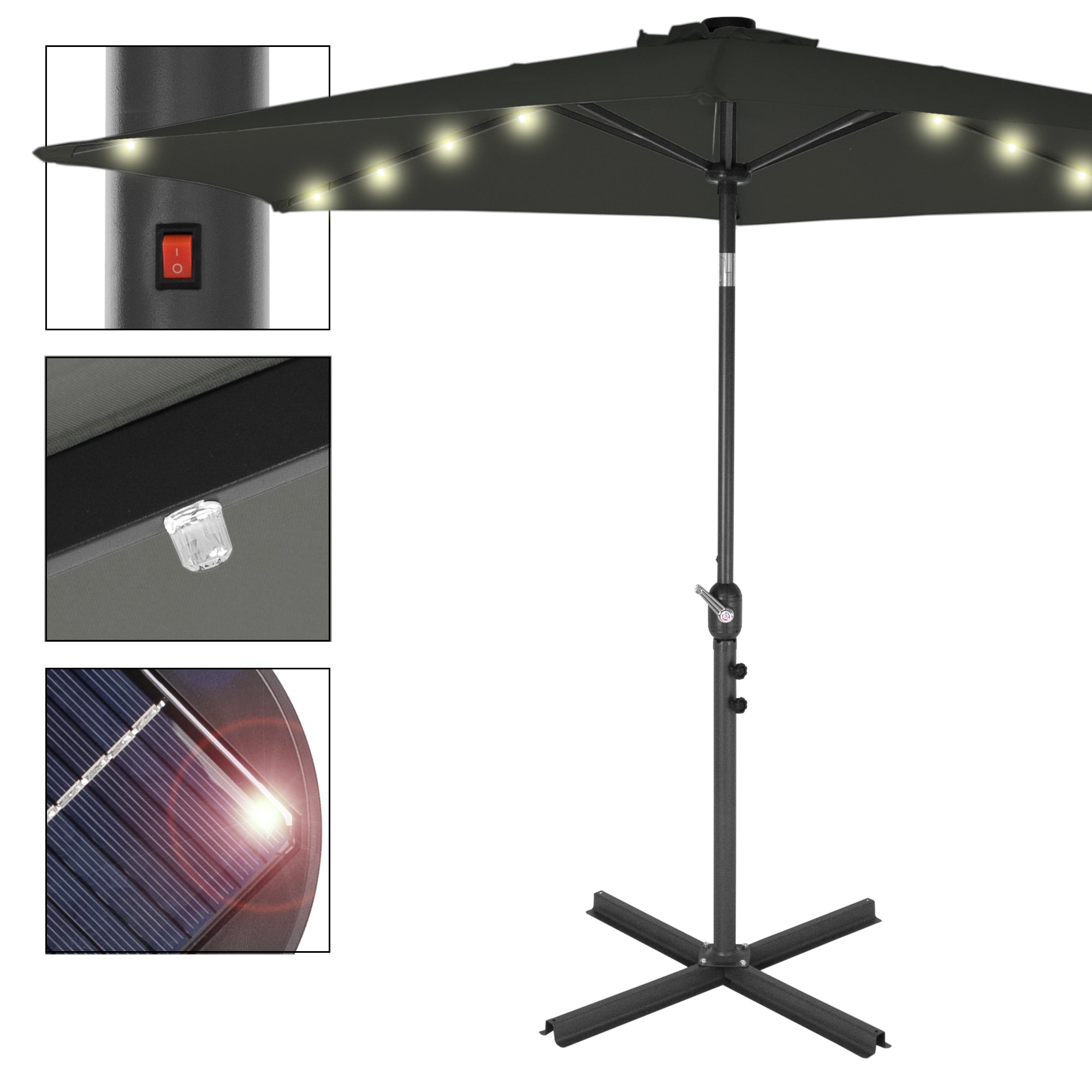 Marktschirm mit LED-Beleuchtung, Schalter und Solarpanel, in grau.