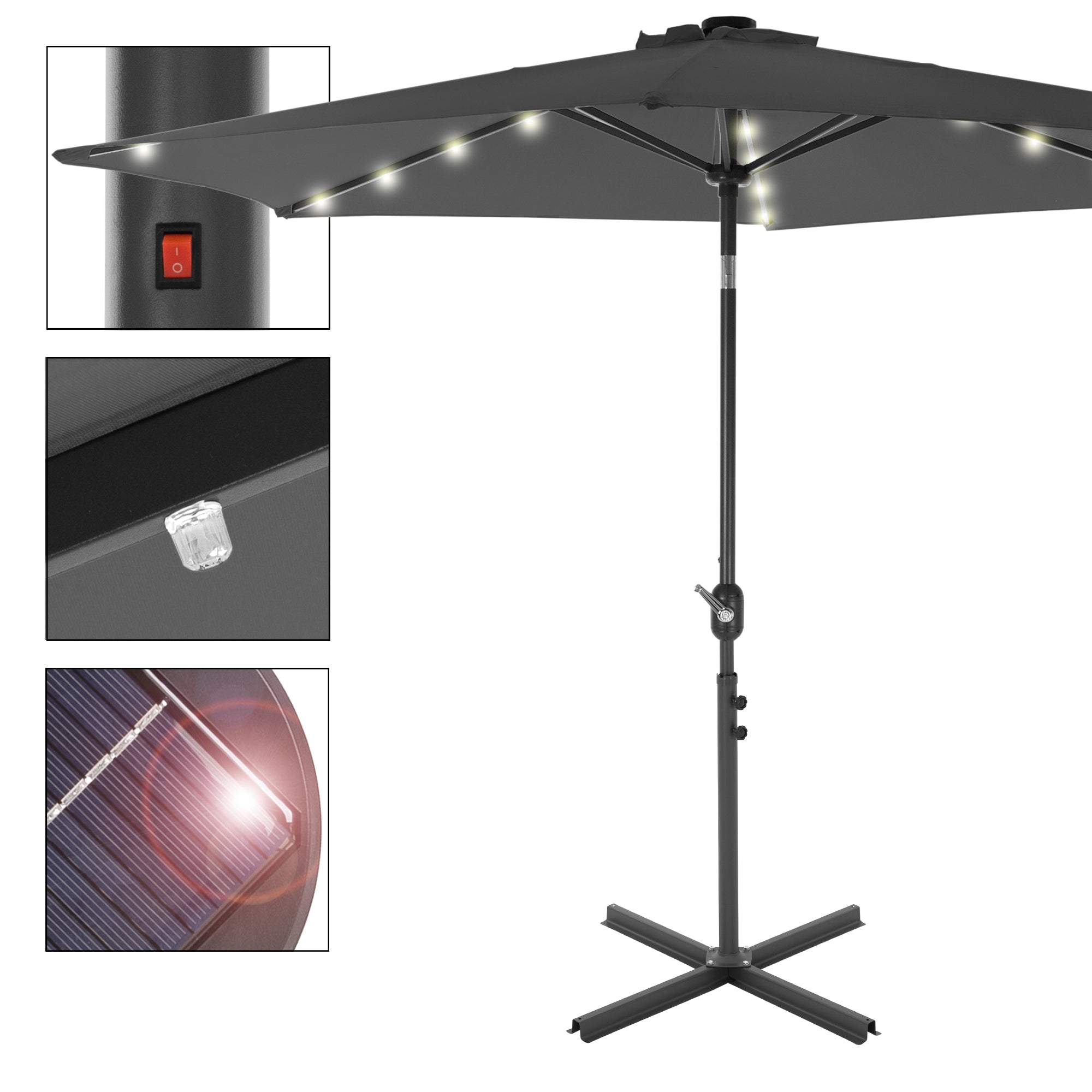 Parasol with LED lighting and switch.