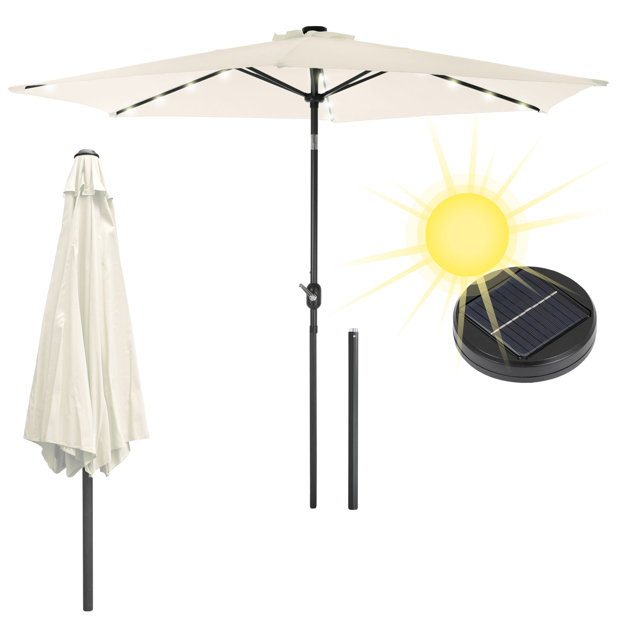 Ein Sonnenschirm mit LED-Beleuchtung, beige, neben einem Solarlicht.