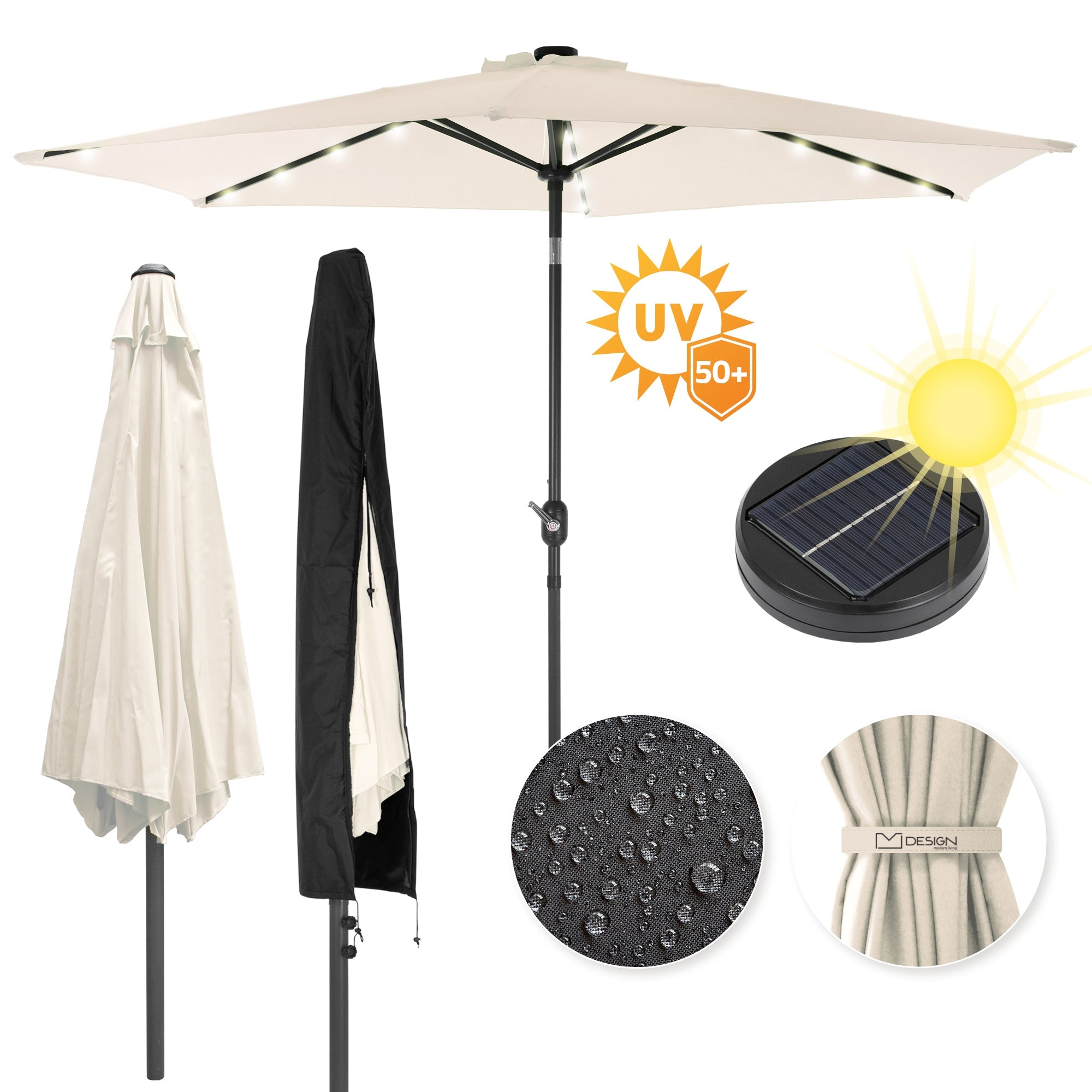 Parasol med LED-belysning og UV-beskyttelse, beige, med vanddråber på stoffet.