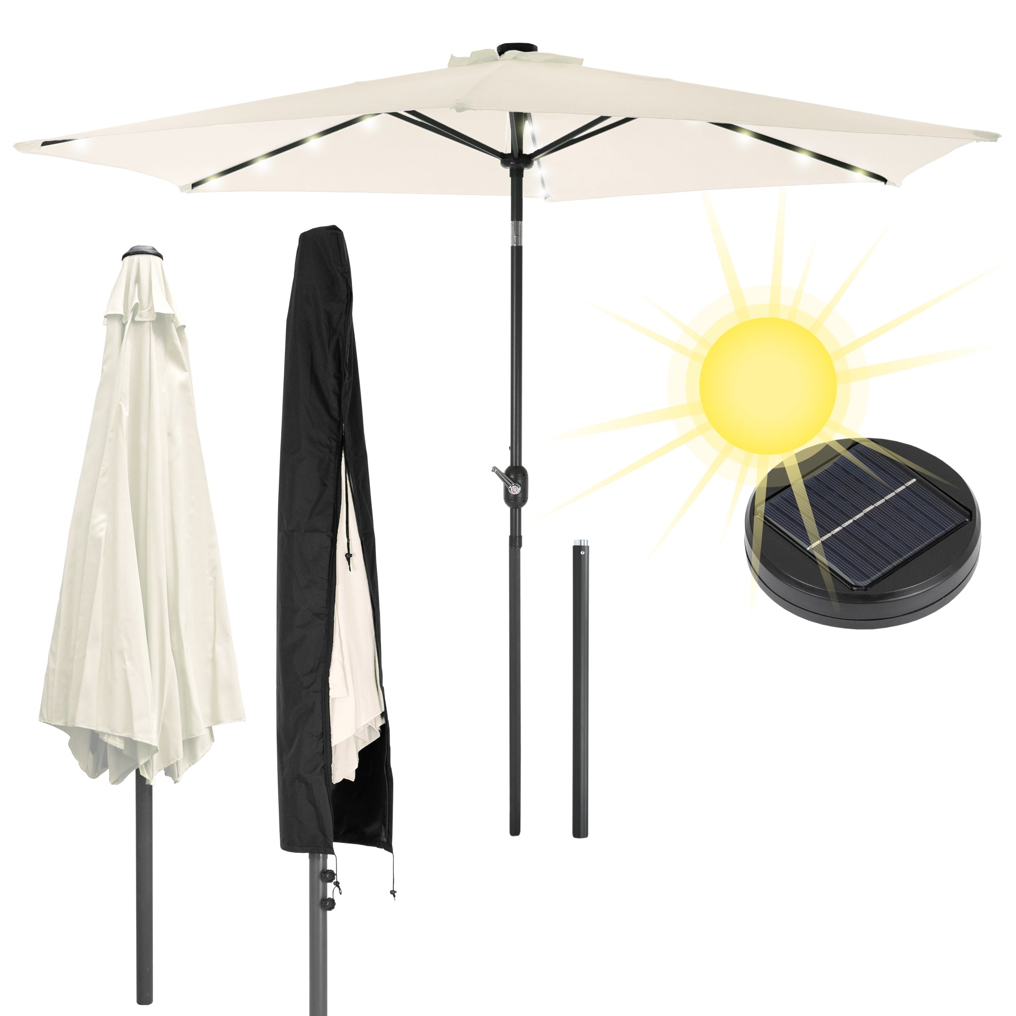 Sonnenschirm mit LED-Beleuchtung und Schutzhülle, Sonnenstrahlen im Hintergrund.