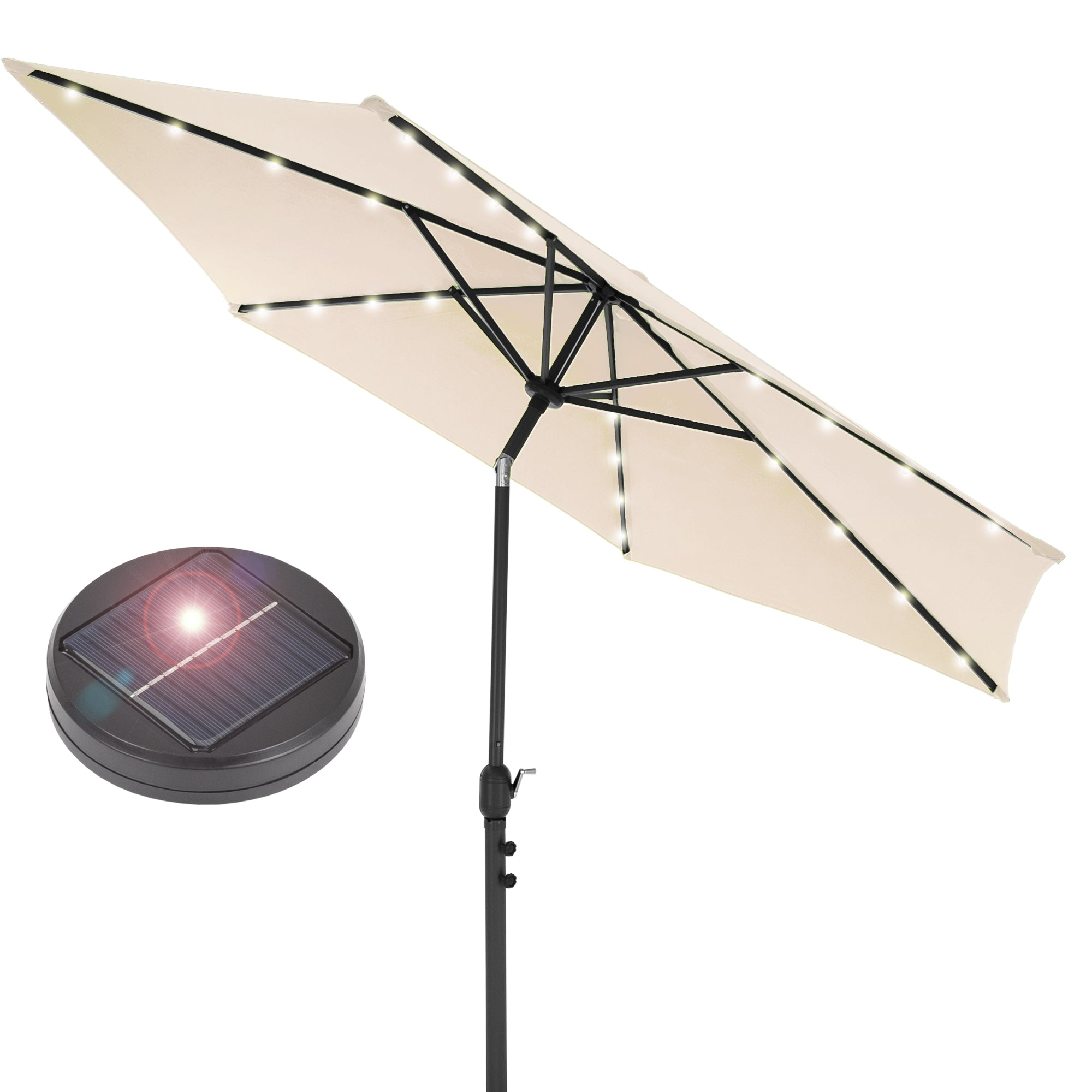 Parasol med integrerede lys og solpanel.
