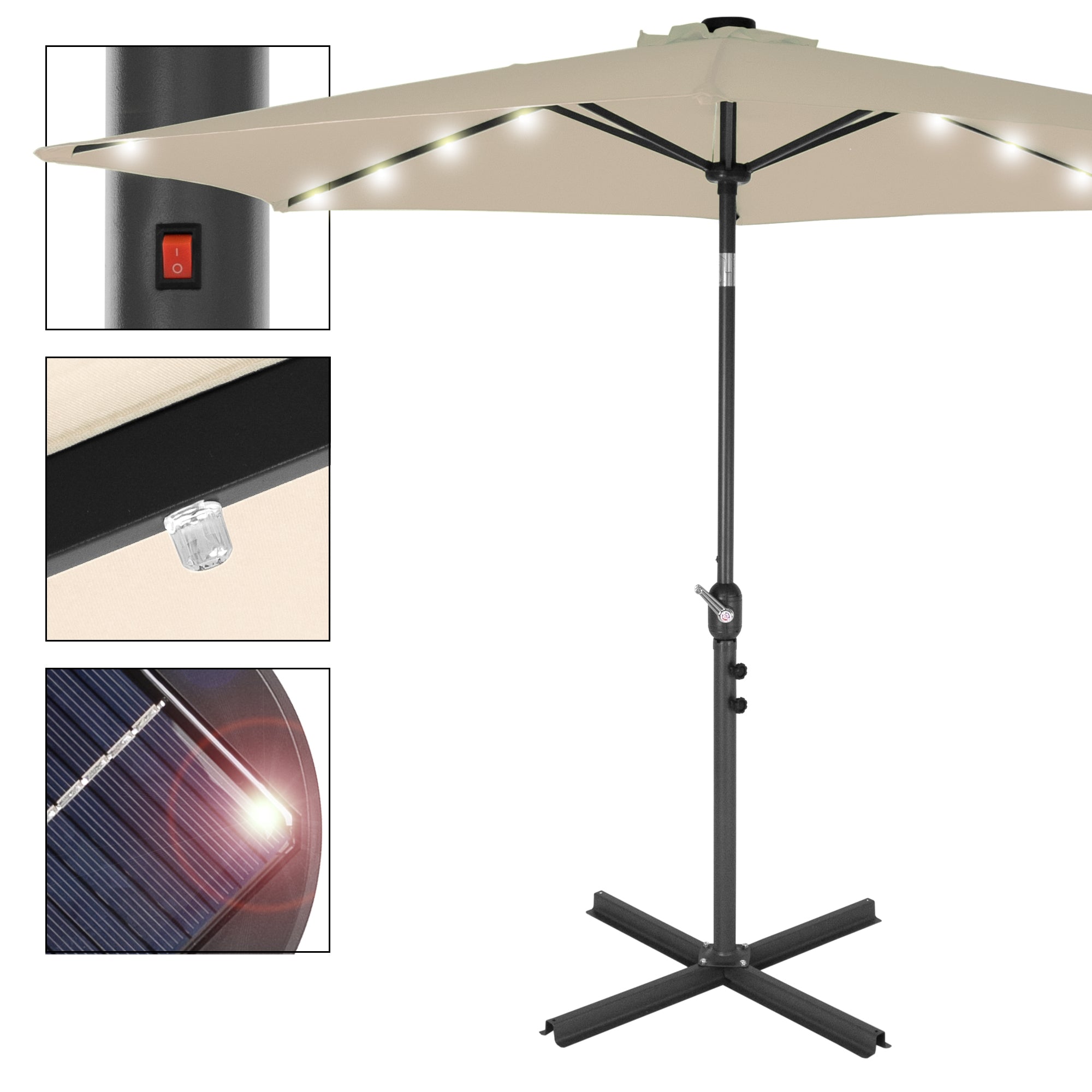 Beige parasol med LED-belysning, kontakt og solcelle.