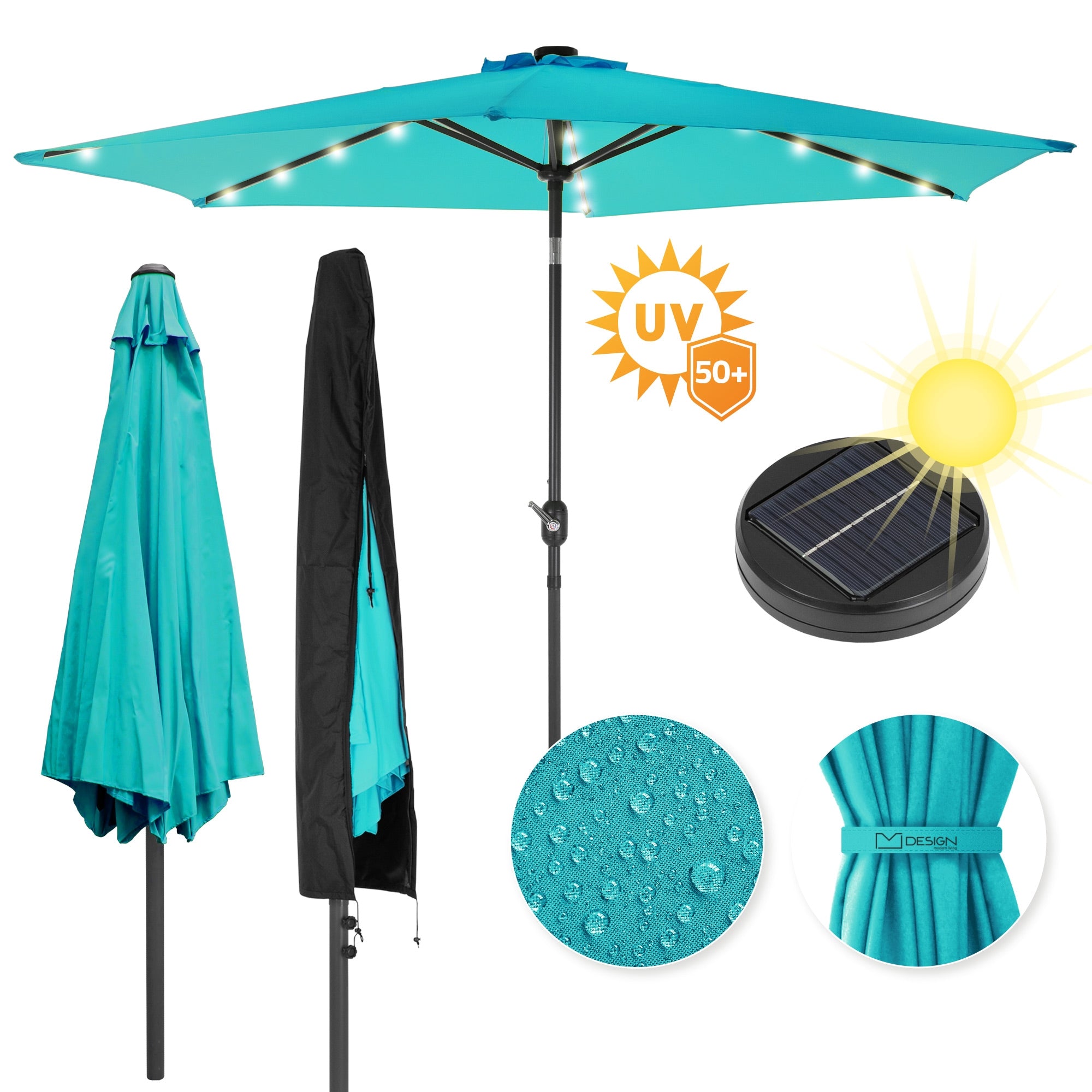 Ein Sonnenschirm in Türkis mit LED-Beleuchtung und UV-Schutz. Unterseite mit Wassertröpfchen.