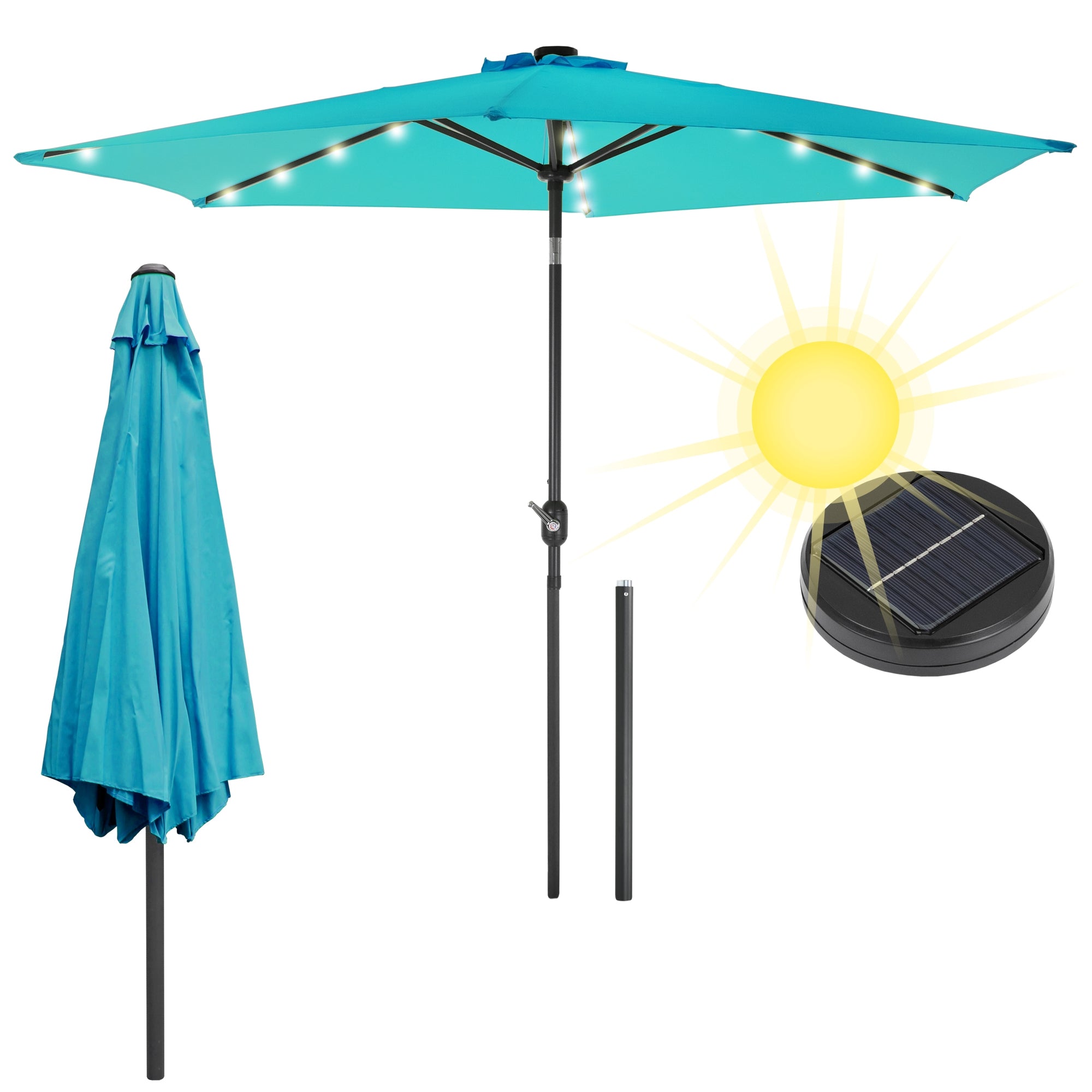 Ein blauer Sonnenschirm mit Solarleuchten und Sonnensymbol.