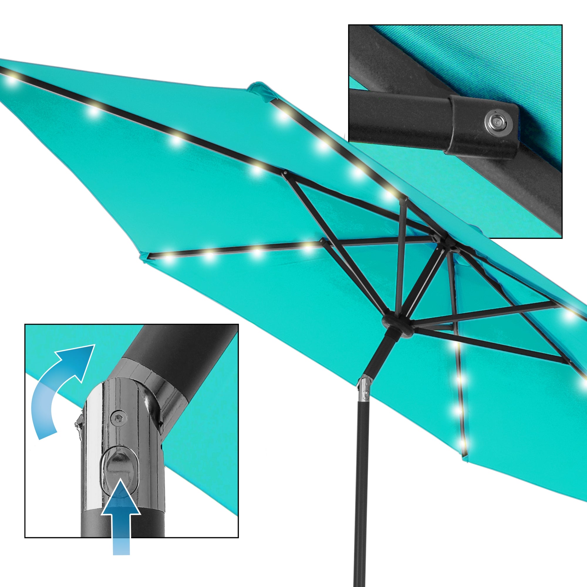 Türkisfarbener Sonnenschirm mit LED-Beleuchtung und verstellbarem Arm.