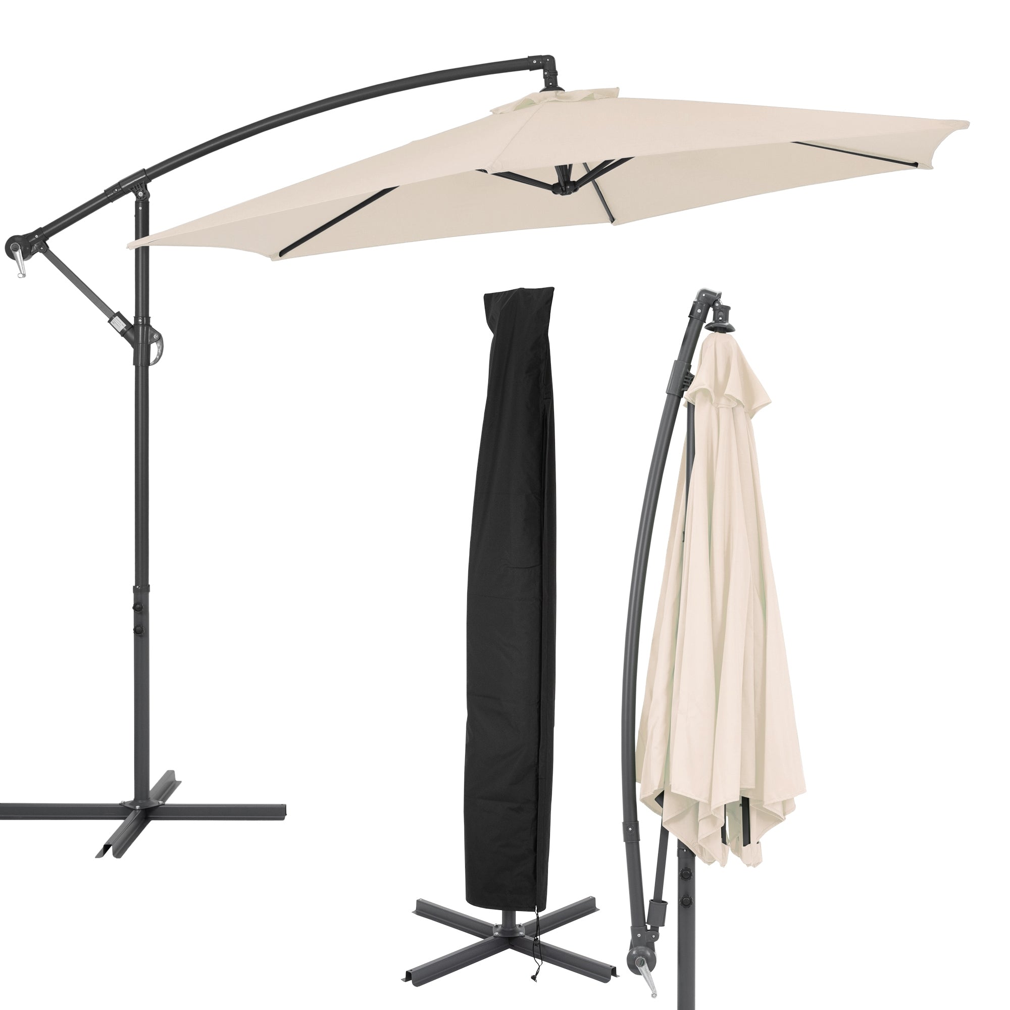 Sonnenschirm in beige mit Schutzhülle und Ständer, auf hellem Hintergrund.