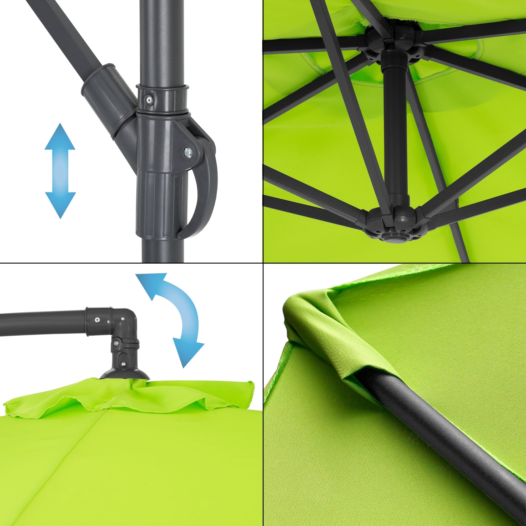 Detailní pohled na slunečník s mechanismem pro nastavení a detaily látky.