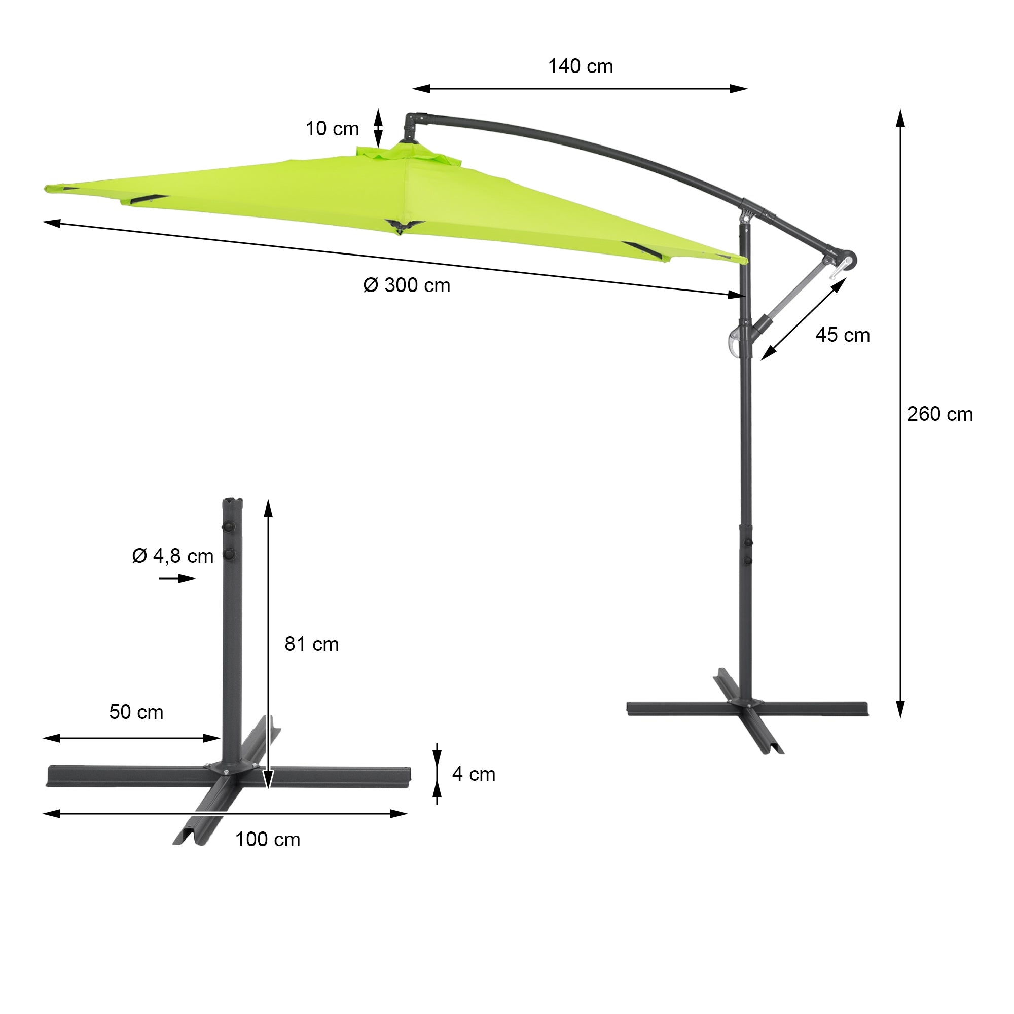 Dessin technique du parasol avec dimensions et forme.