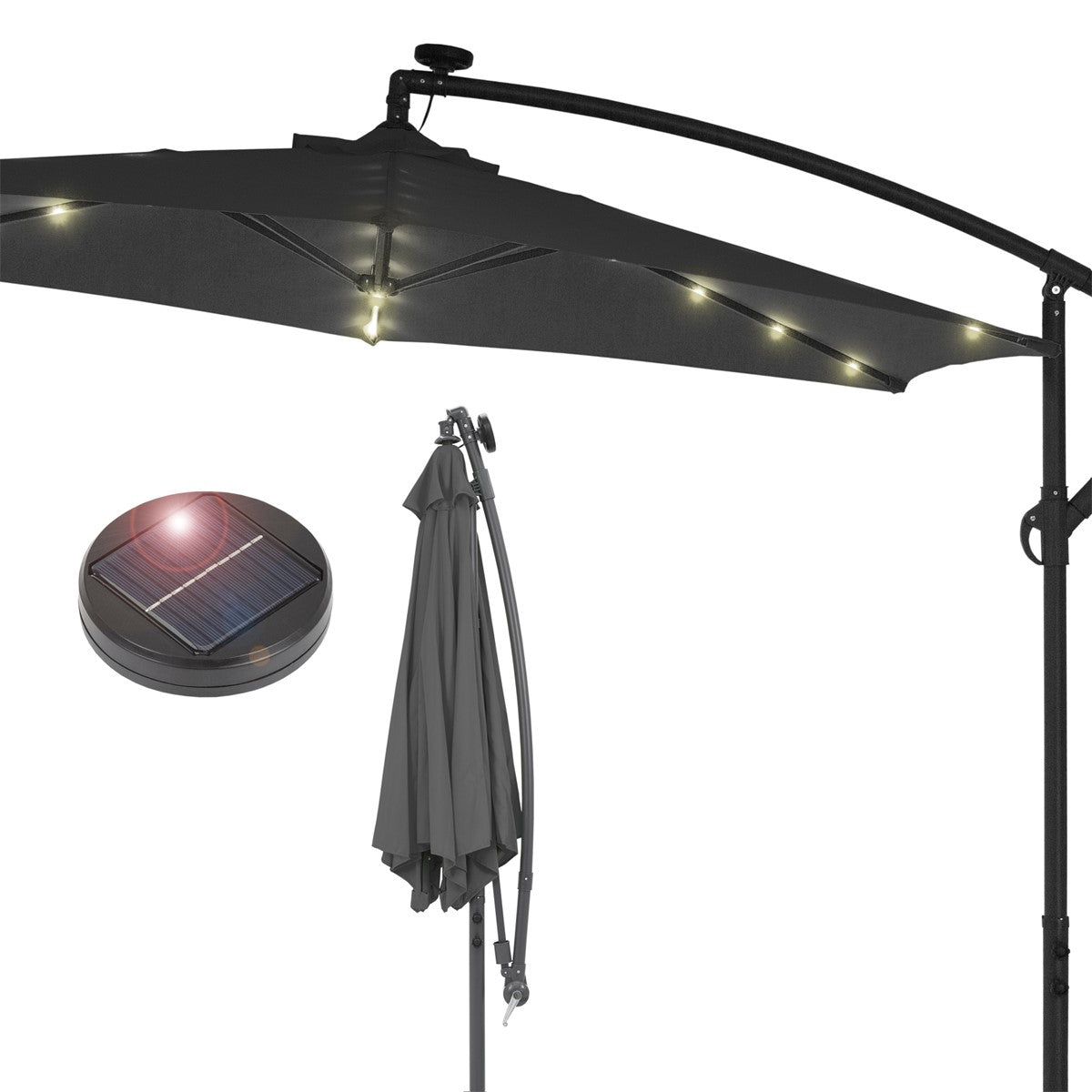 Dunkelgrauer Sonnenschirm mit LED-Beleuchtung und Solarpanel.