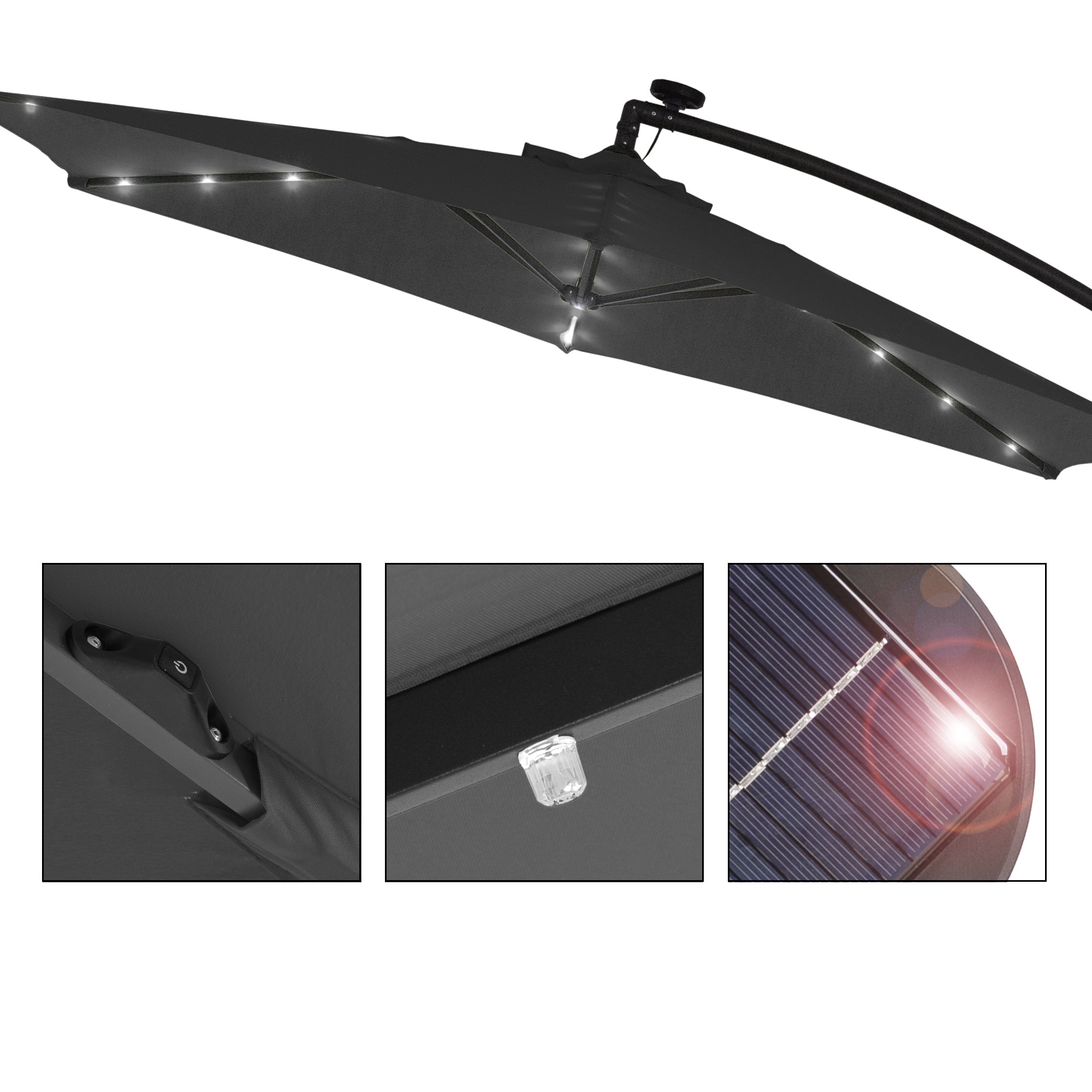 Detailansicht eines Sonnenschirms mit LED-Beleuchtung und Solarzelle.