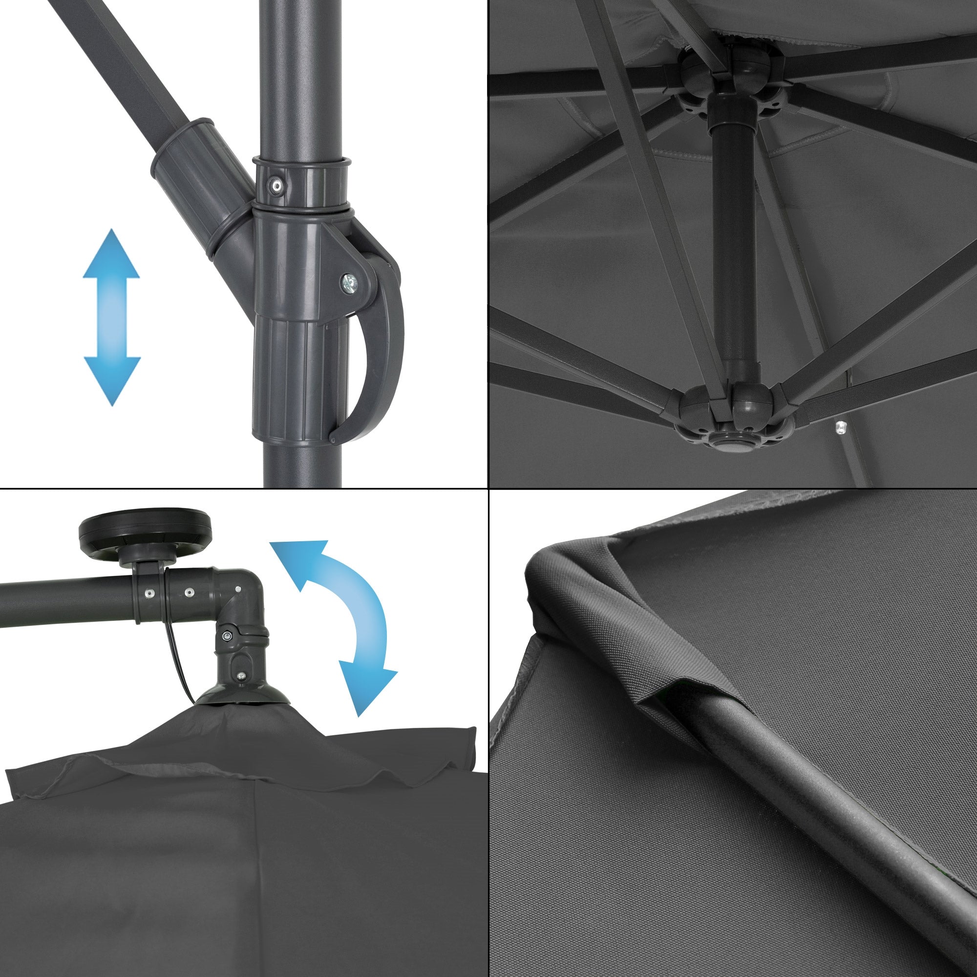 Detailansicht eines Sonnenschirms mit verstellbarem Gestell.