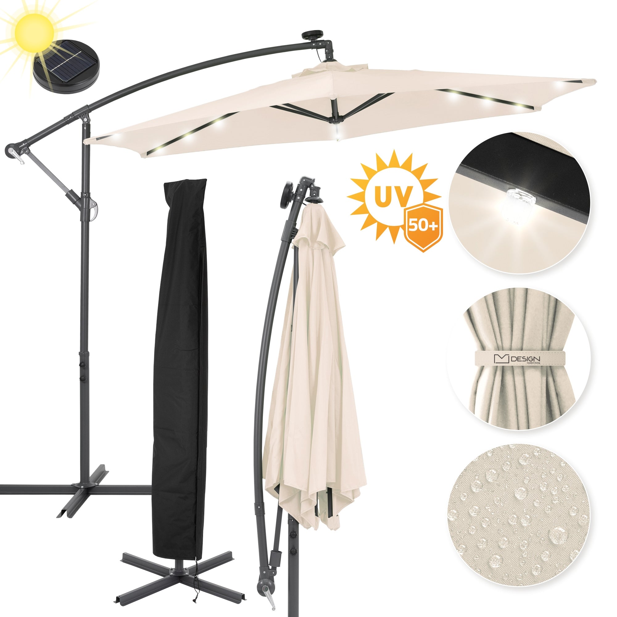 Parasol med LED-belysning, UV-beskyttelse og vandafvisende stof.