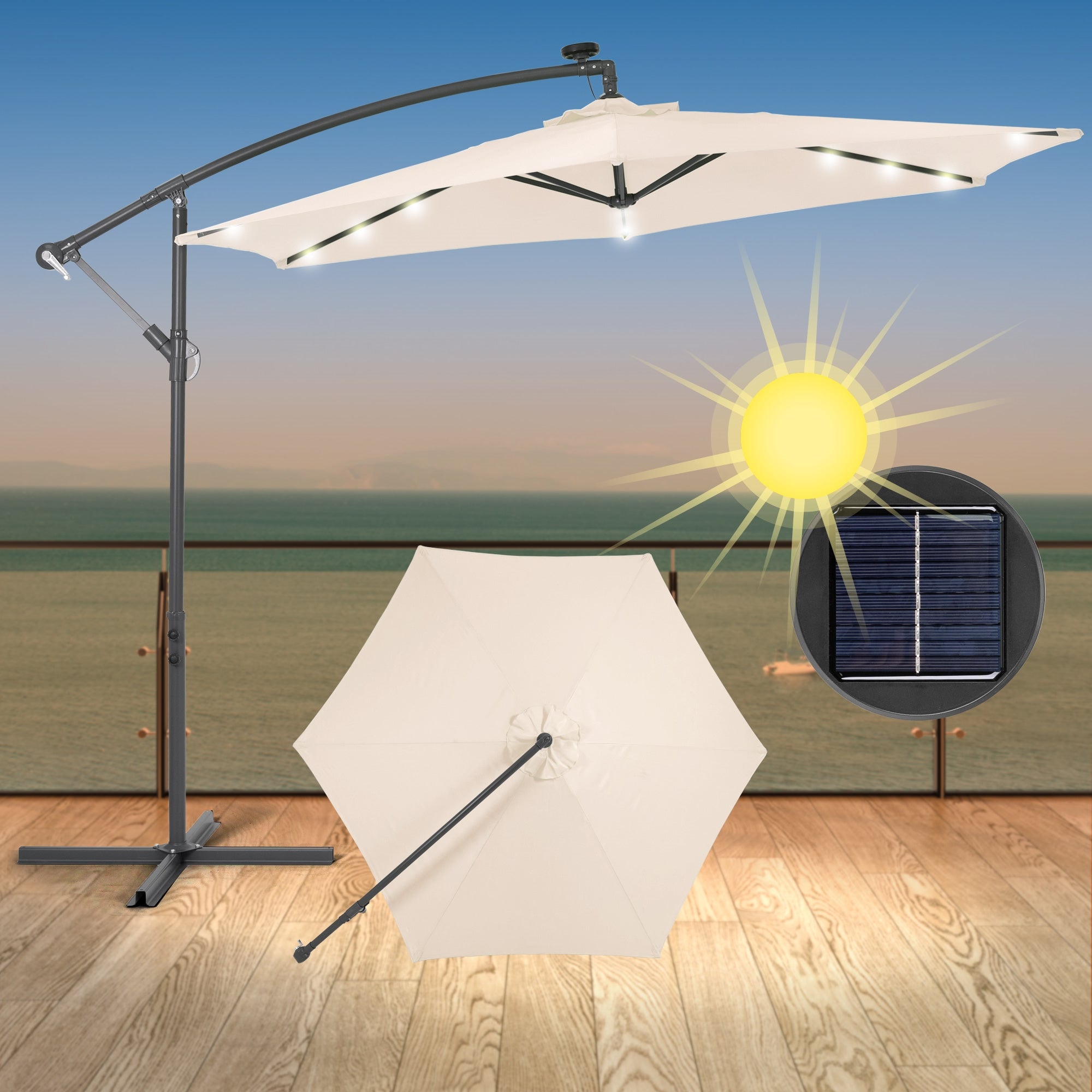 Sonnenschirm auf einer Terrasse mit Sonnenstrahlen und Solarpanel.