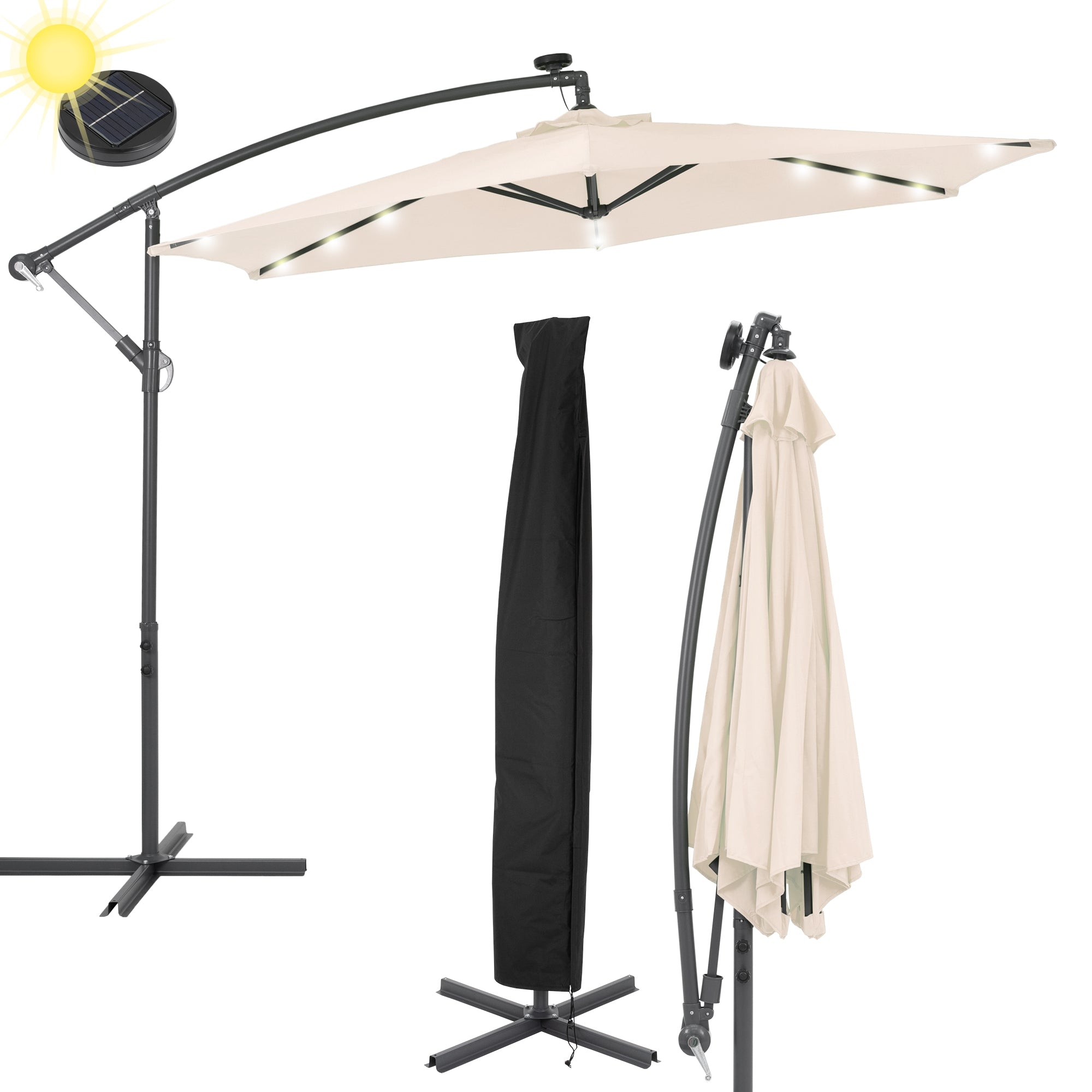 En parasol med LED-belysning og beskyttelseshætte, på en stabil ramme.