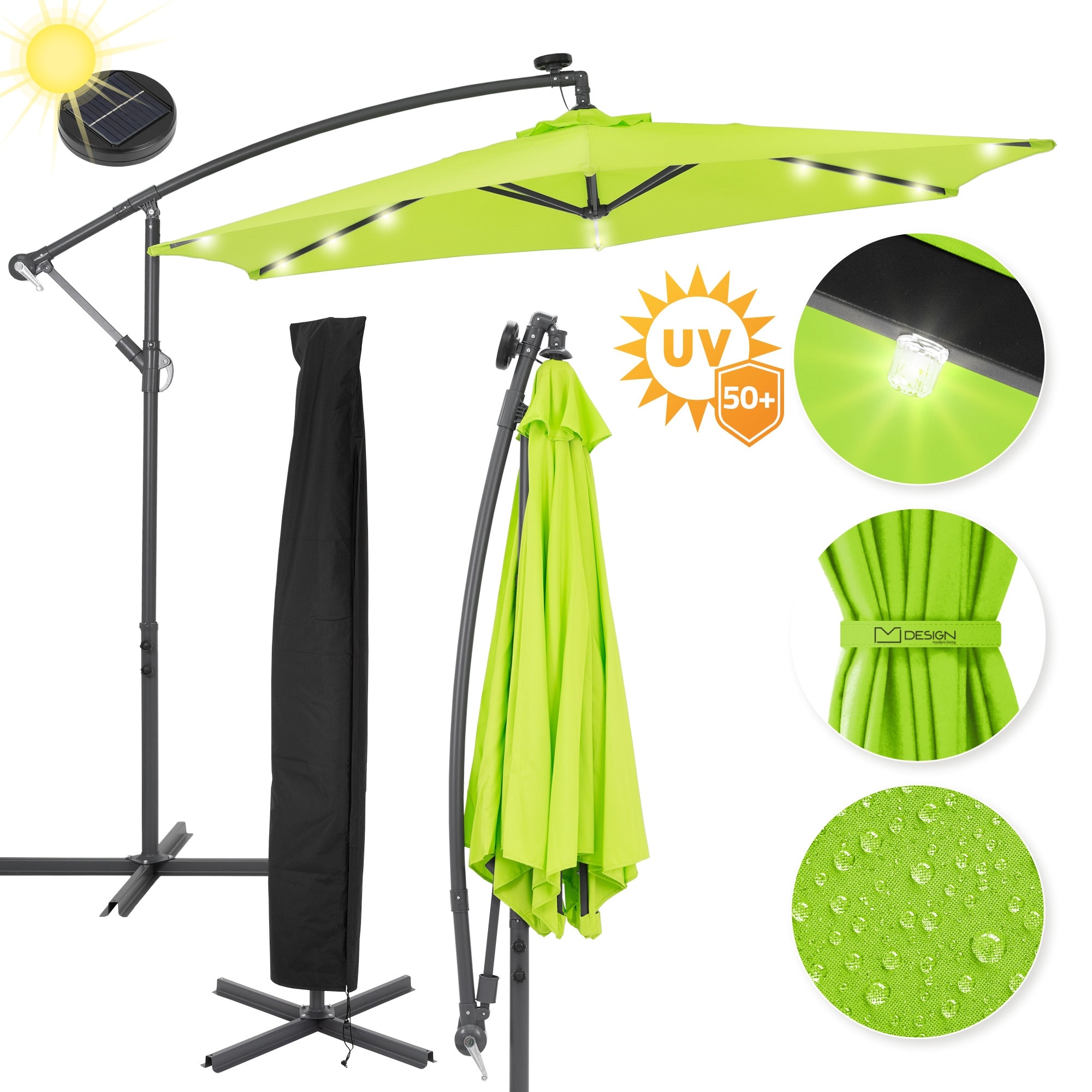 Großer Sonnenschirm in leuchtendem Grün mit LED-Beleuchtung und UV-Schutz.