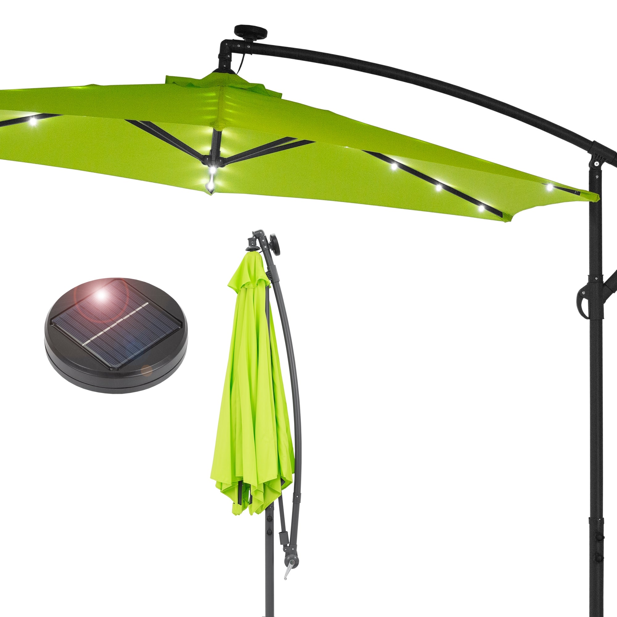 Grüner Sonnenschirm mit LED-Beleuchtung und einem Solarpanel.