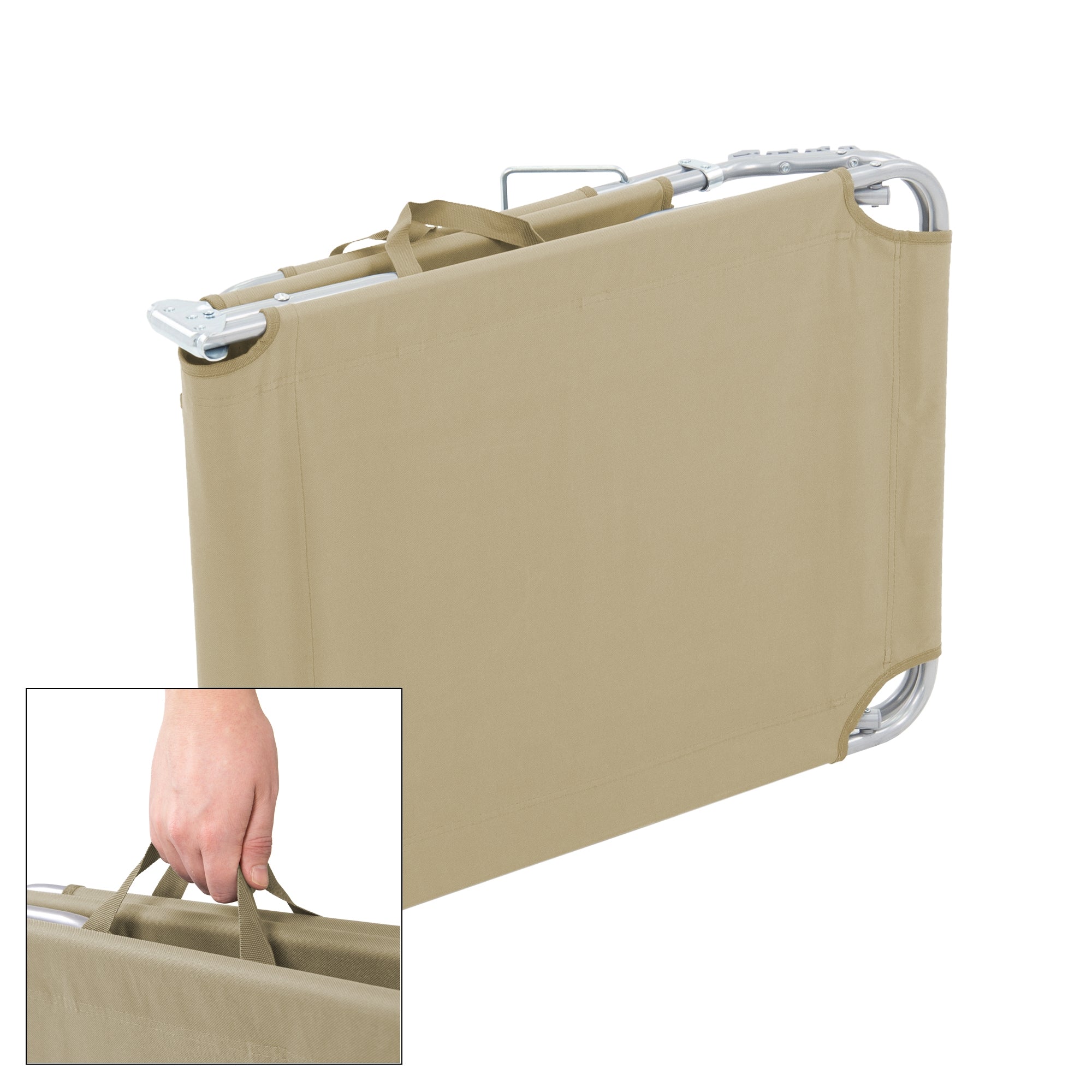 Zusammenklappbare Liege mit Tragegriffen in beige.