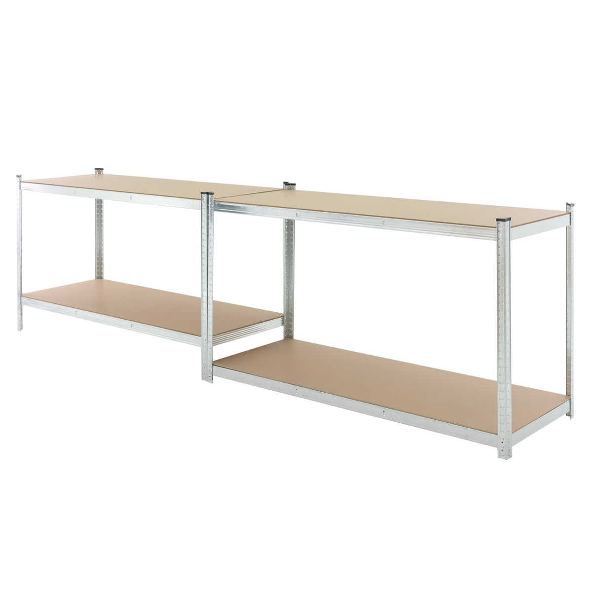 Metallregal mit zwei Ablageflächen in Holzoptik.