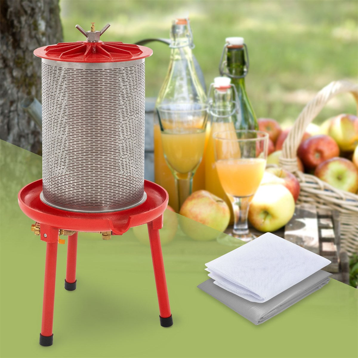Juicepress med en korg, omgiven av flaskor och äpplen i bakgrunden.