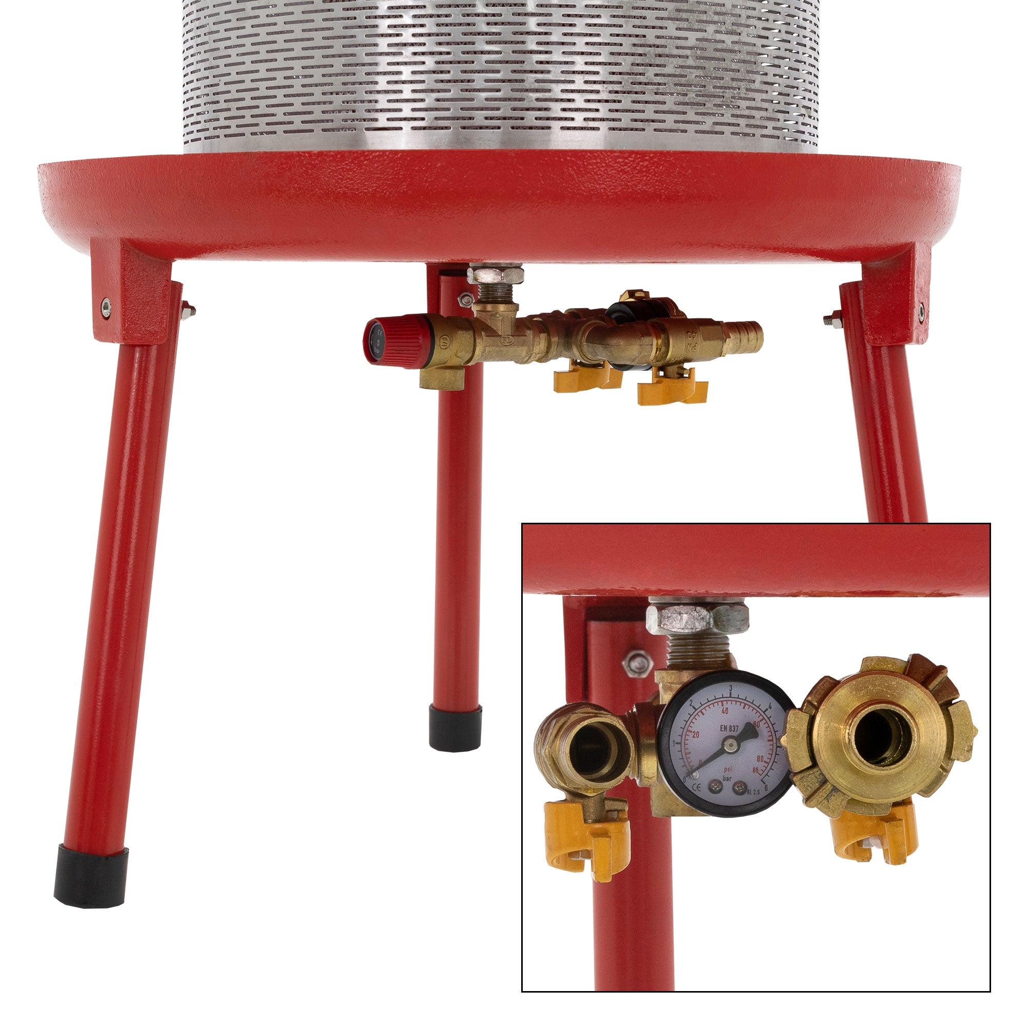 Roter Gasbrenner mit Druckregler und Manometer auf einem Ständer.