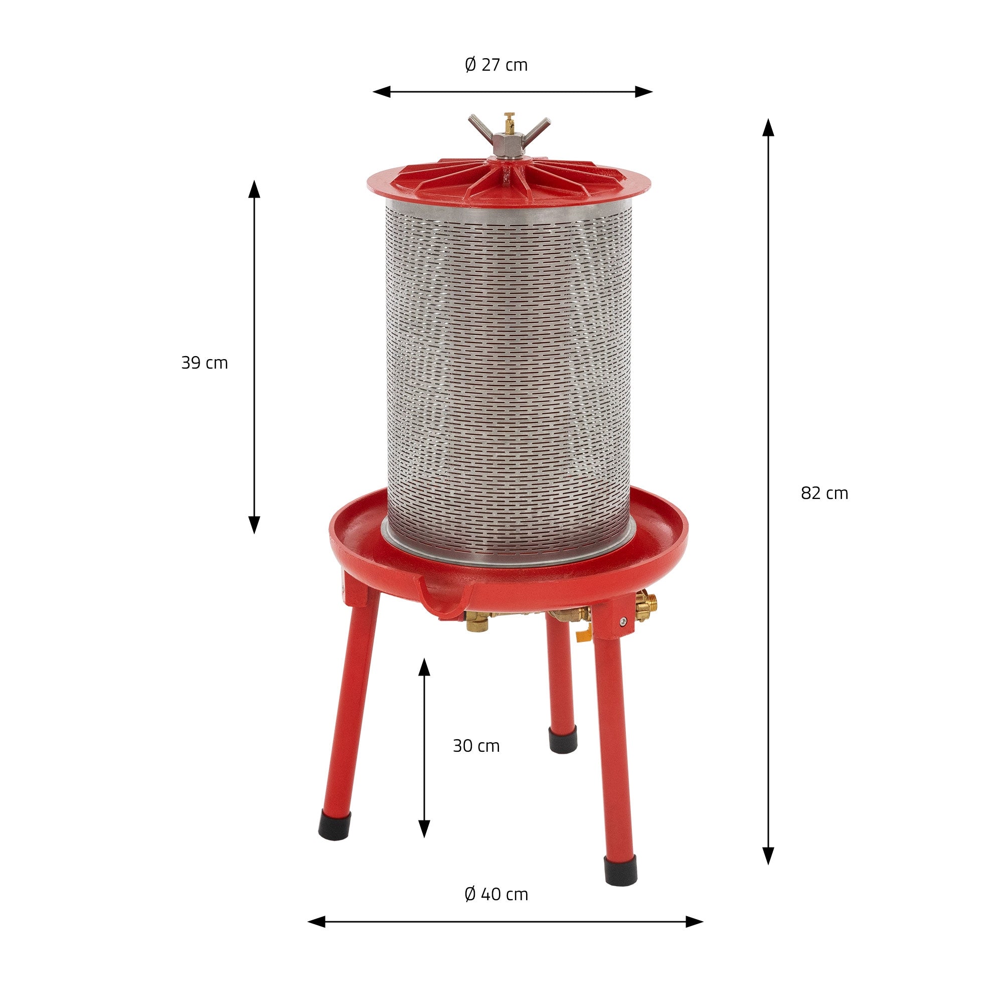 Ein roter Wasserfilter mit einem zylindrischen Metallbehälter und Standbeinen.
