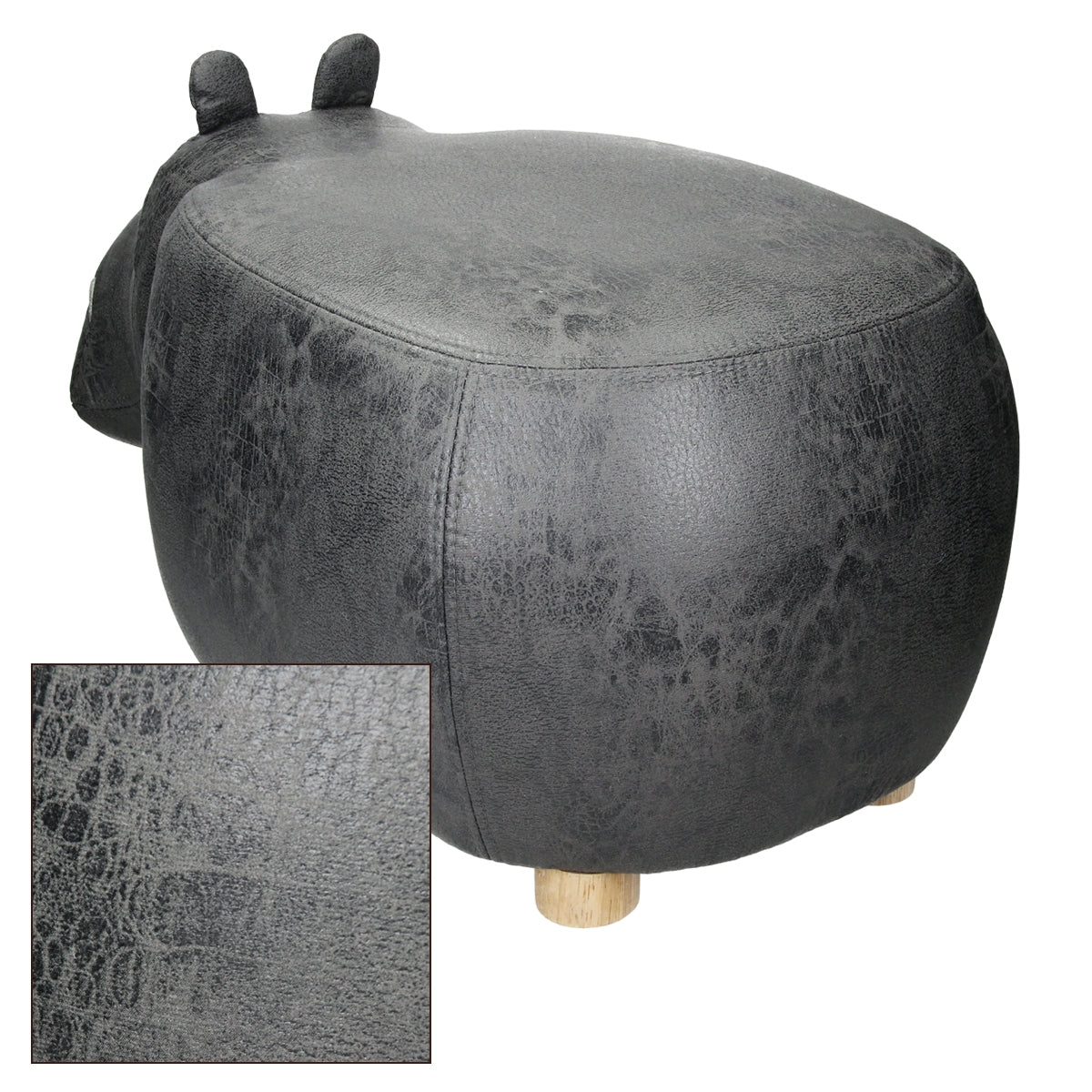 Black stool in the shape of a hippopotamus with wooden legs.