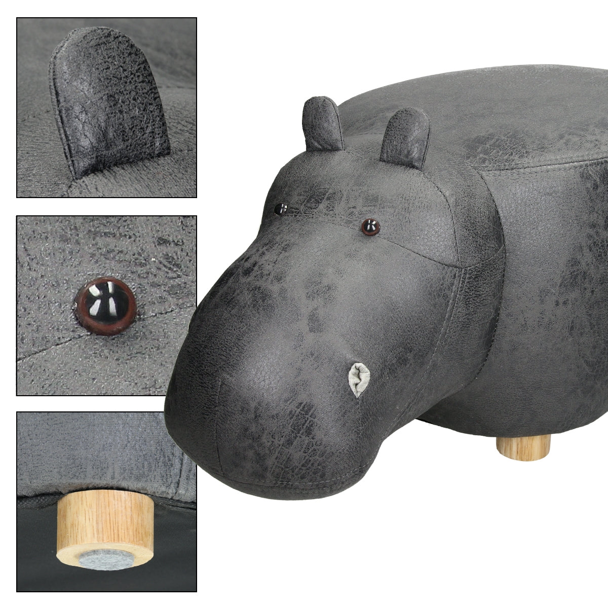 Gray stool in the shape of a hippopotamus with wooden legs and surface details.